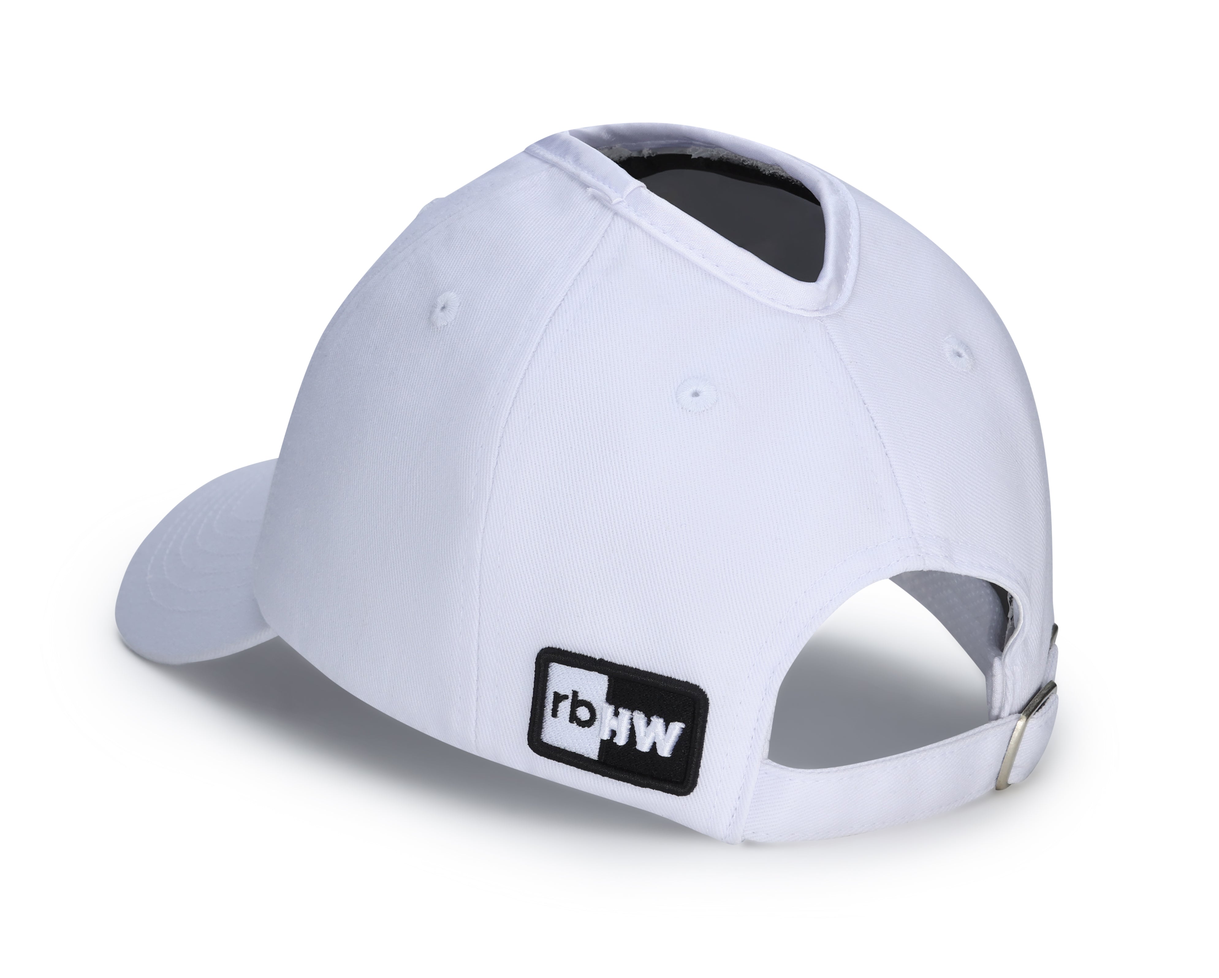 White Rosebloom PNT ponytail hat shown from the back-left angle with crown opening