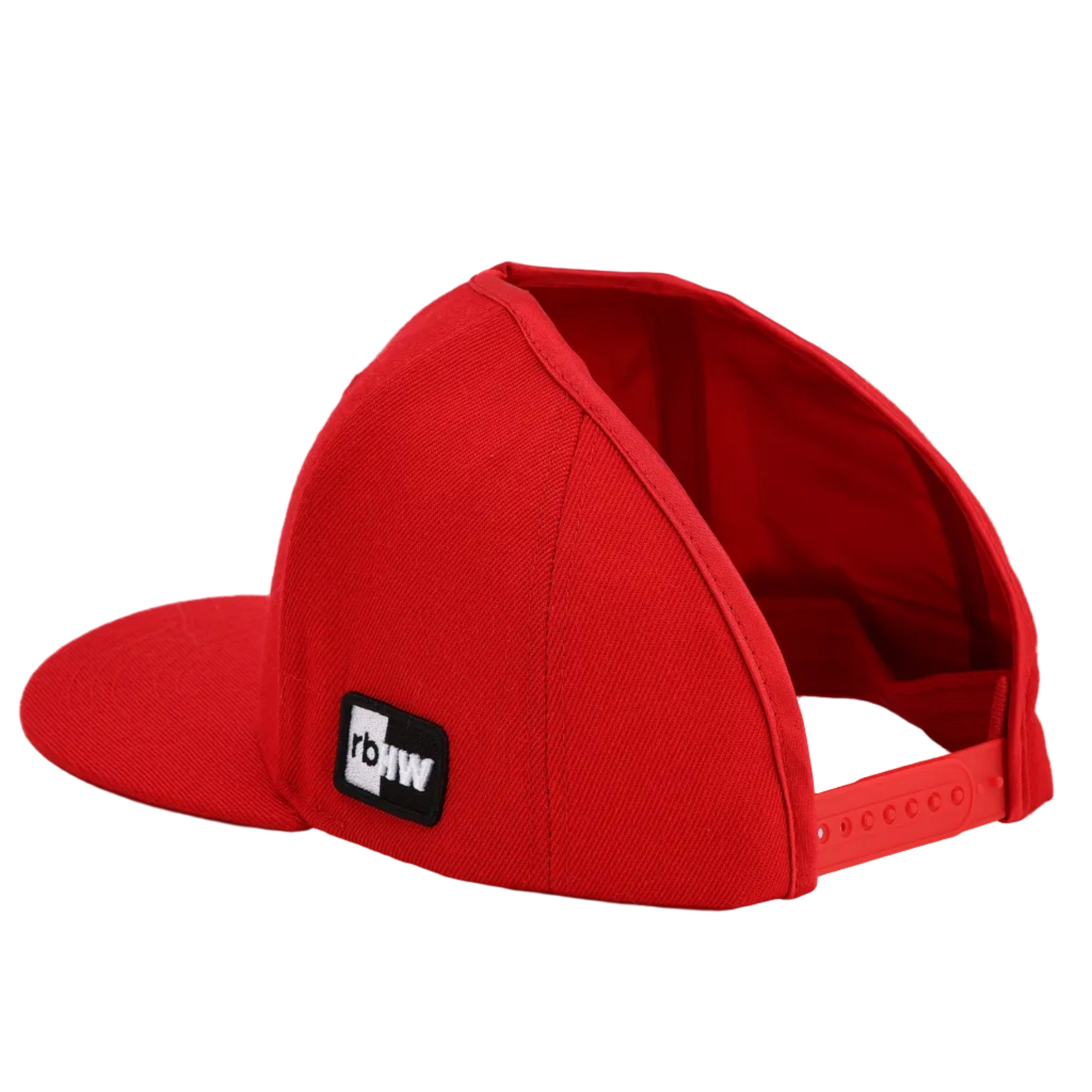 Back-angle product photo of the red Rosebloom GZO SNAP showing the crown-height opening, flat bill, snapback closure, and stitched Rosebloom Headwear logo against a light gray background.