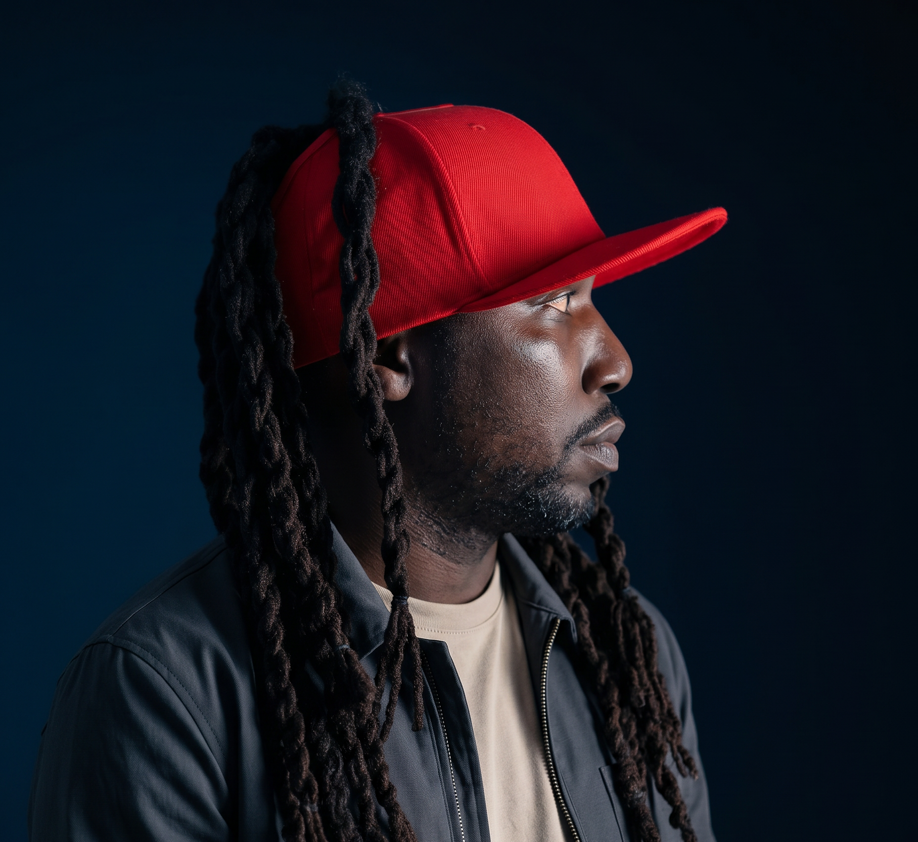 Right profile of a model wearing a red Rosebloom GZO SNAP with locs pulled through the crown opening, showing the flat bill silhouette and hair-accommodating fit.