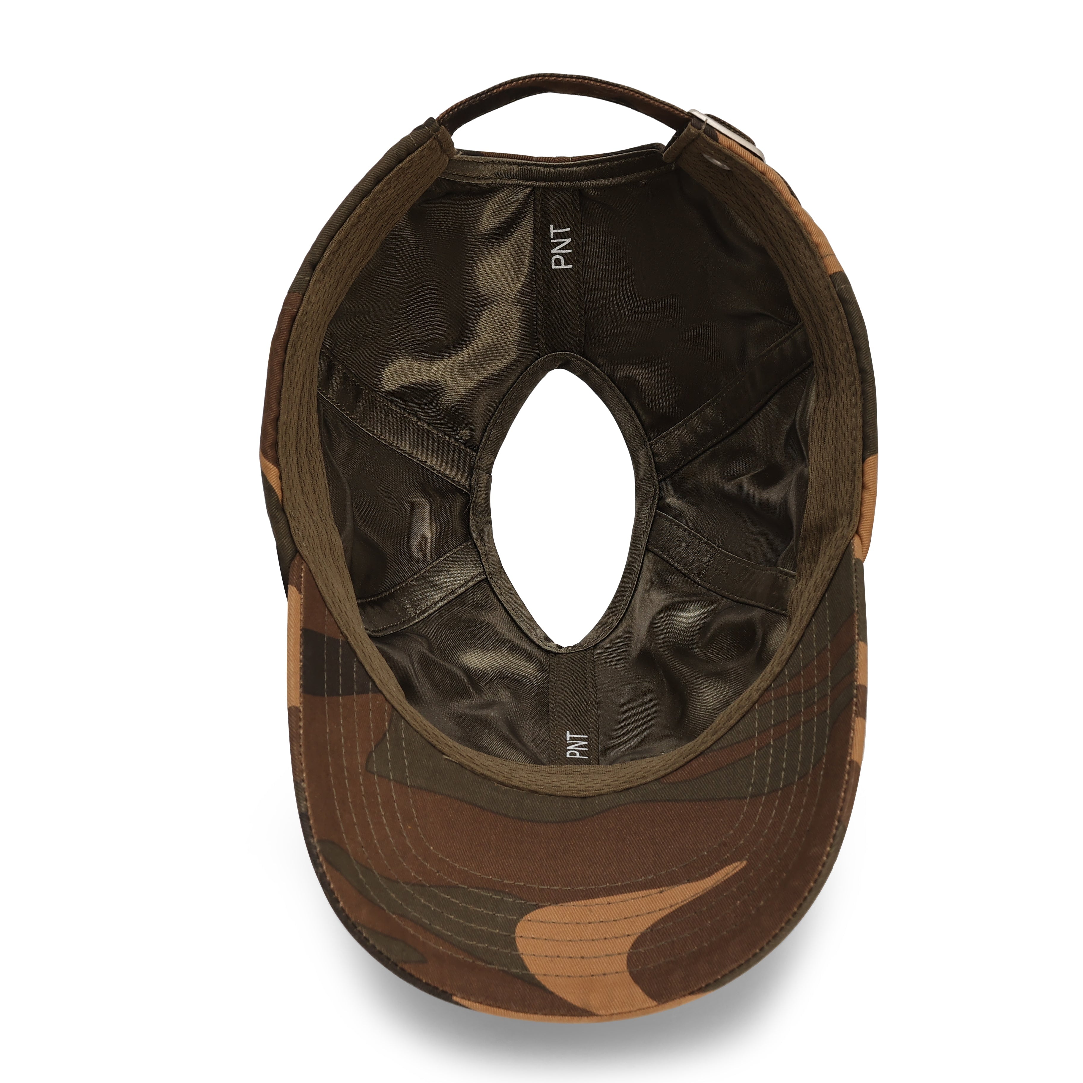 Interior view of camo Rosebloom PNT satin-lined ponytail hat

