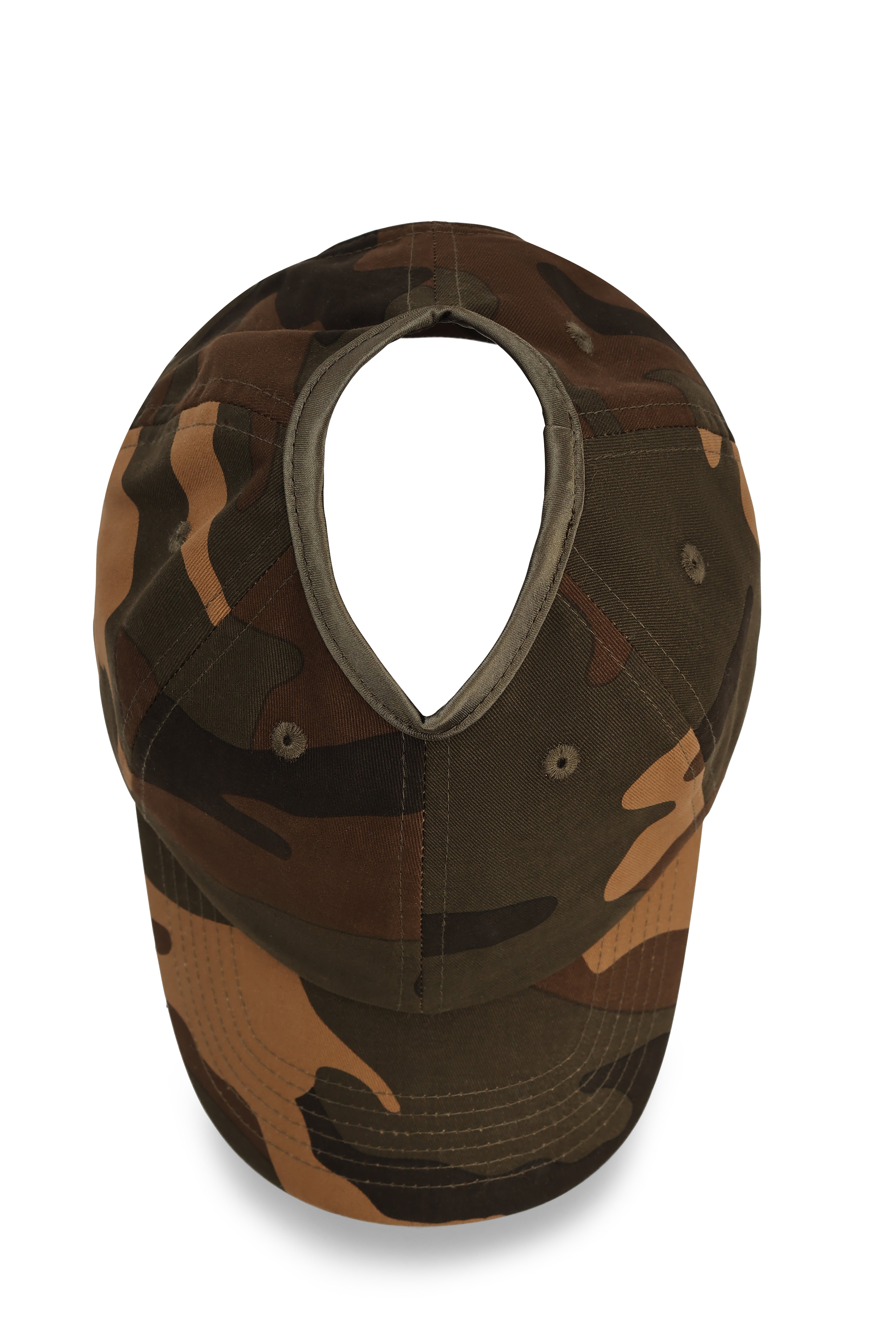 Top down view of camo Rosebloom PNT satin-lined ponytail hat with crown opening