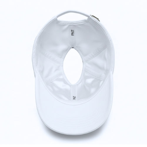 Interior of white Rosebloom PNT satin-lined ponytail hat with crown opening