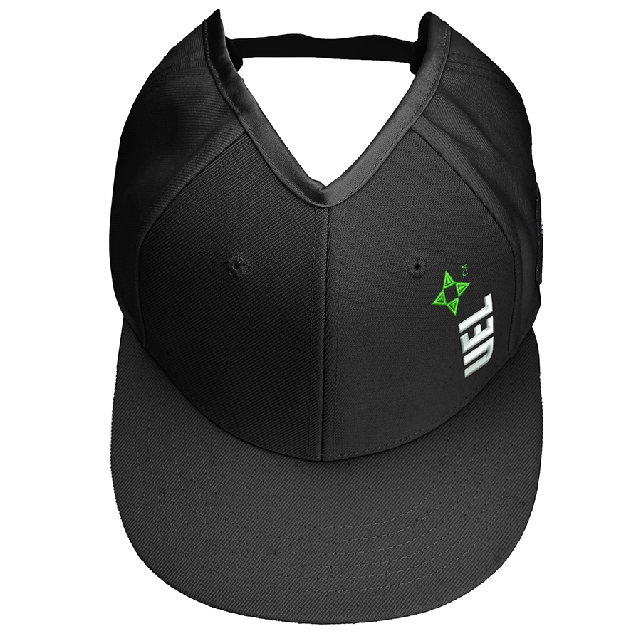 Front product photo of a black Rosebloom UEL GZO STRETCH hat showing the crown opening and UEL logo detail.