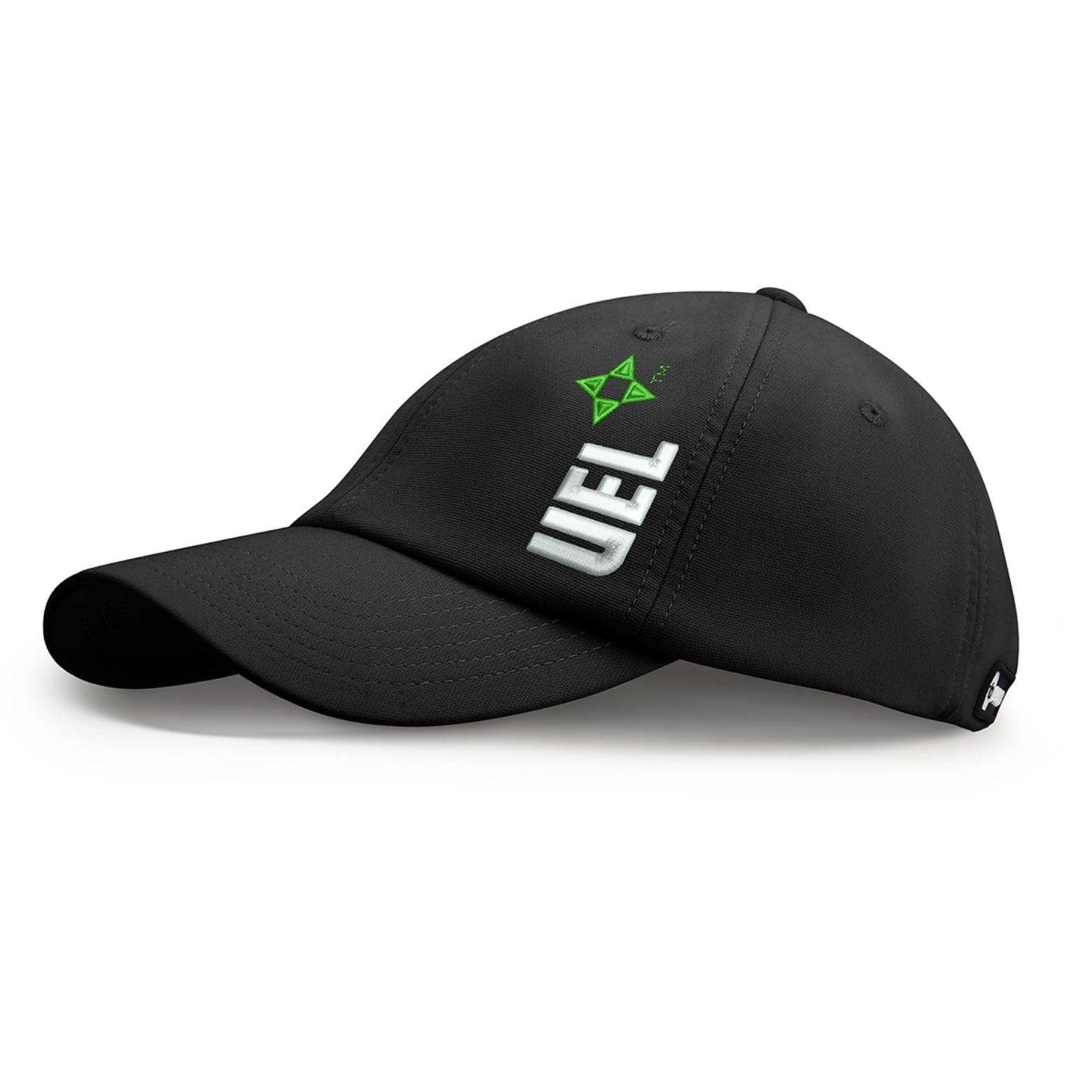 Side product photo of a black Rosebloom UEL HLO hat designed for textured hair, locs, braids, and protective styles, with UEL logo detail and a curved bill.