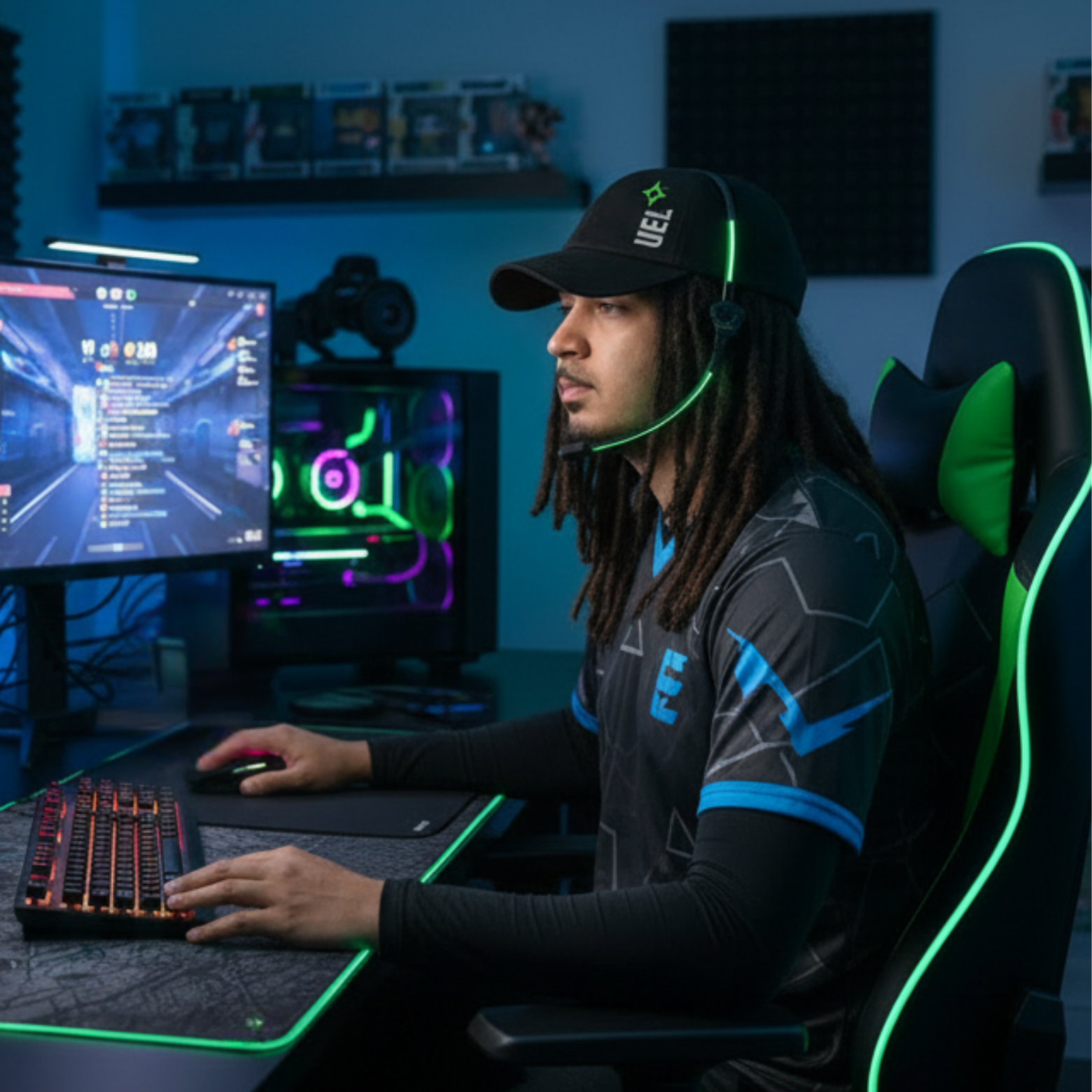 Lifestyle photo of a gamer wearing a black Rosebloom UEL HLO hat with locs in a blue and green neon gaming setup.
