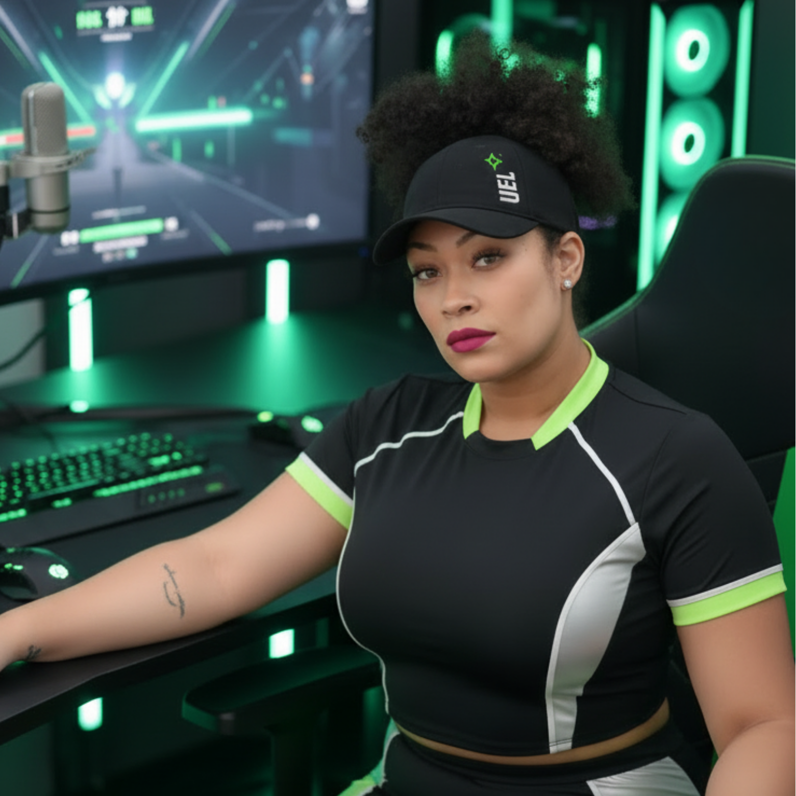 Lifestyle photo of a model wearing a black Rosebloom UEL LAZ hat with coily type 4 hair pulled through the crown opening in a green neon gaming setup.