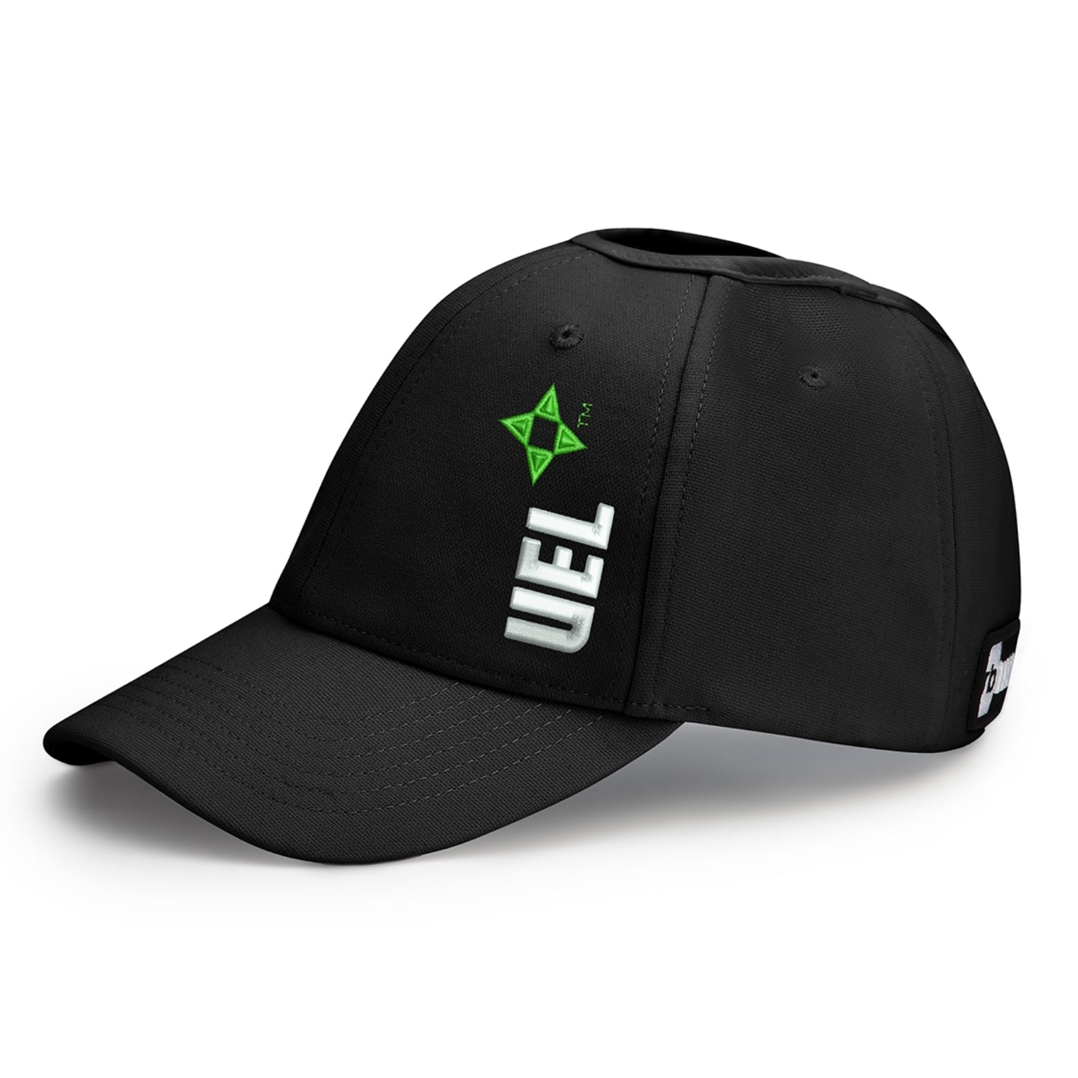 Side product photo of a black Rosebloom UEL LAZ hat designed for textured hair and natural hair volume, showing the crown opening and UEL logo detail.