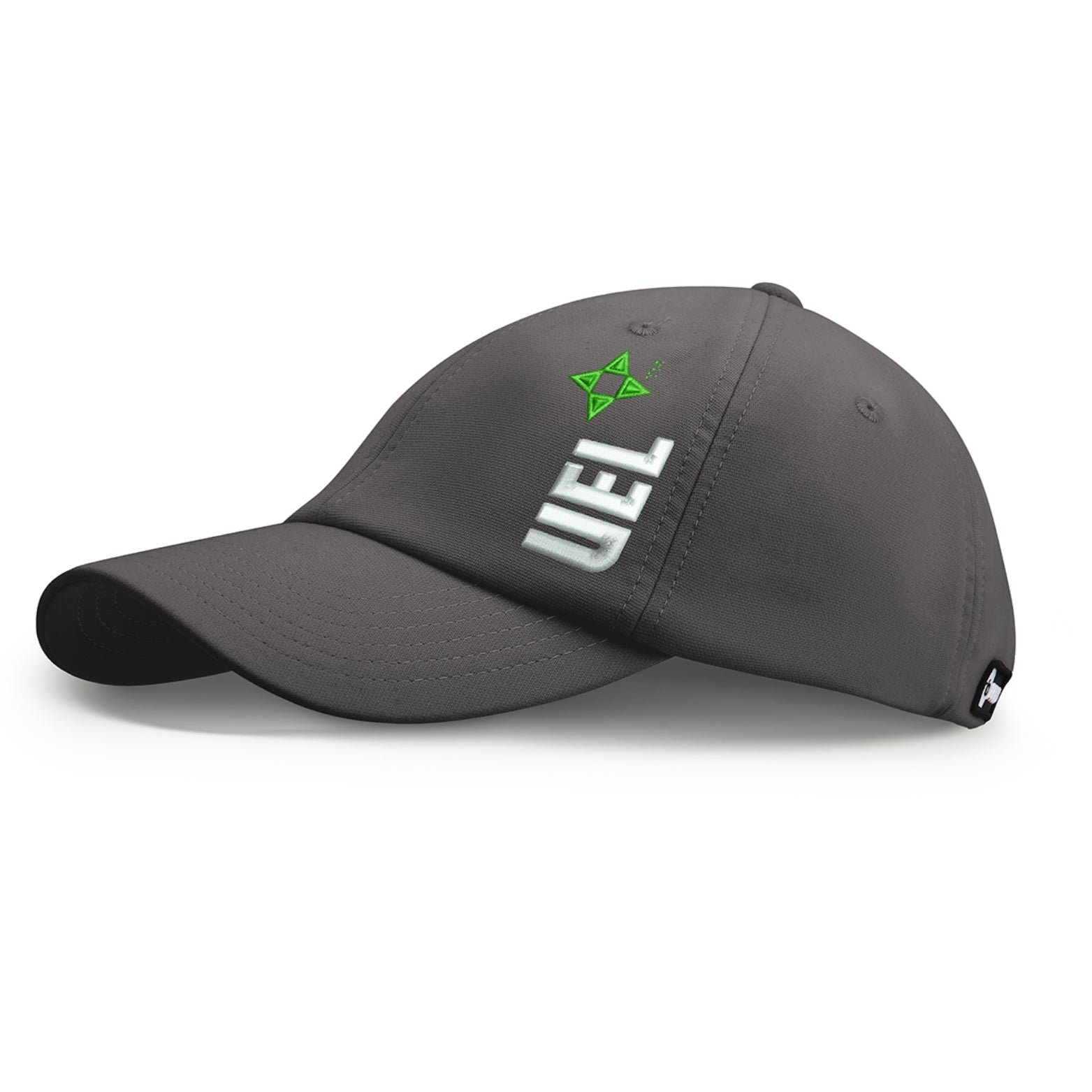 Side product photo of a gray Rosebloom UEL HLO hat designed for textured hair, locs, braids, and protective styles, with UEL logo detail and a curved bill.