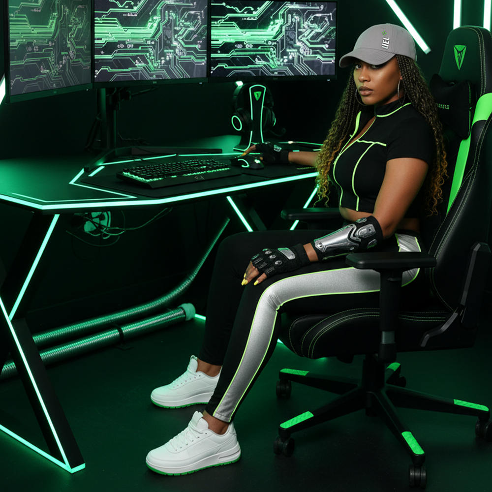 Lifestyle photo of a model wearing a gray Rosebloom UEL HLO hat for textured hair and protective styles in a green neon gaming setup.