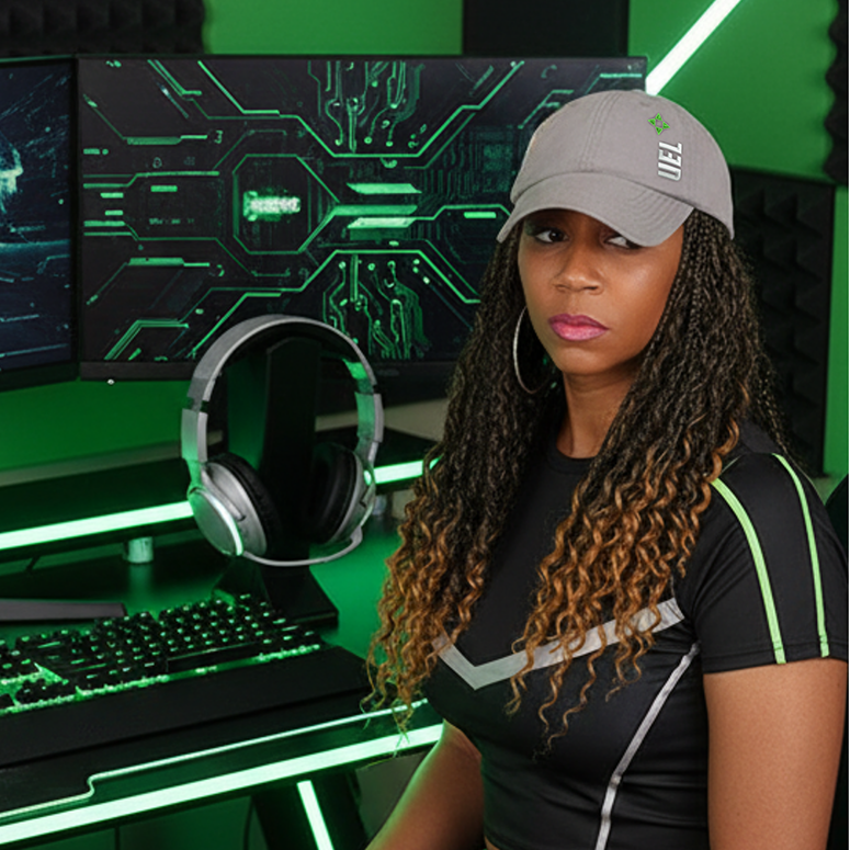 Lifestyle photo of a model wearing a gray Rosebloom UEL HLO hat designed for textured hair and protective styles in a green neon gaming setup.