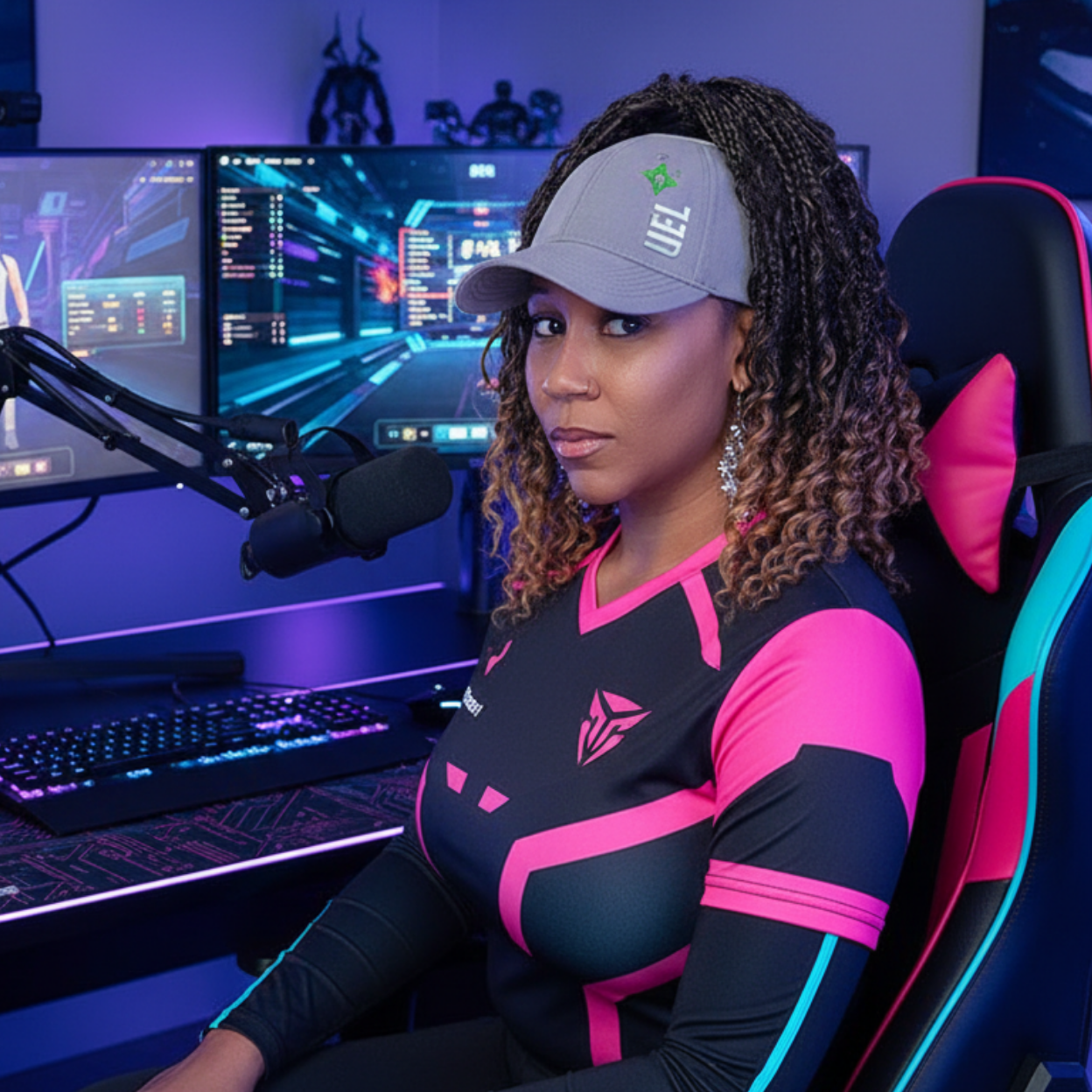 Lifestyle photo of a model wearing a gray Rosebloom UEL LAZ hat with crochet locs pulled through the crown opening in a green neon gaming setup.