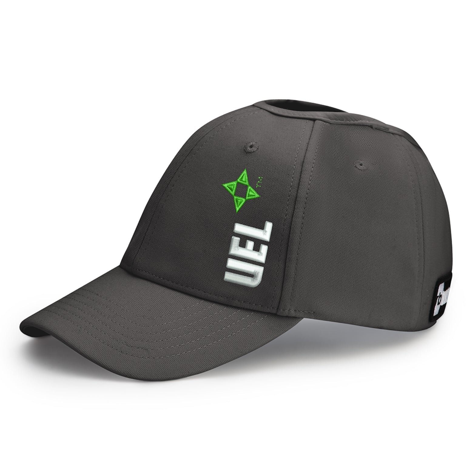 Side product photo of a gray Rosebloom UEL LAZ hat designed for textured hair and natural hair volume, showing the crown opening and UEL logo detail.