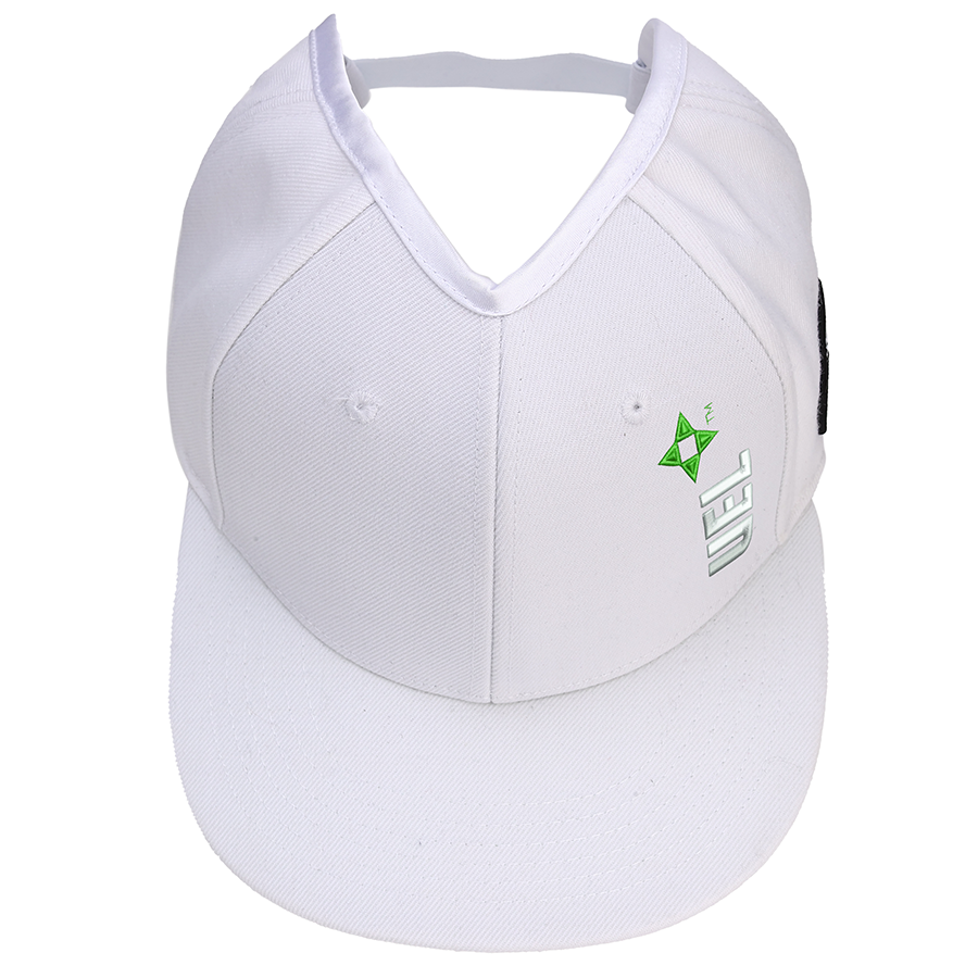Front product photo of a white Rosebloom UEL GZO STRETCH hat showing the crown opening and UEL logo detail.