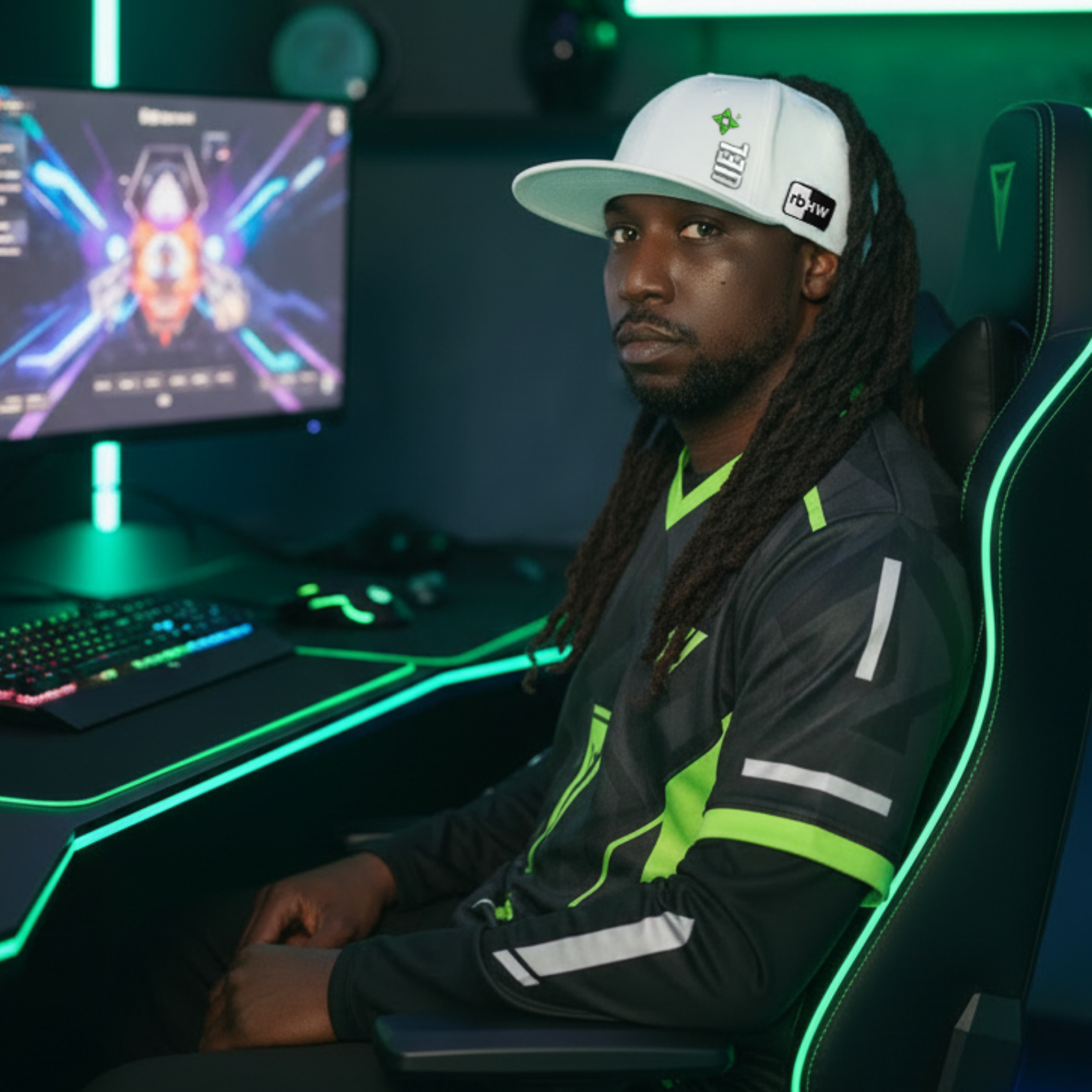 Lifestyle portrait of a gamer wearing a white Rosebloom UEL GZO STRETCH hat with locs in a neon-lit gaming setup