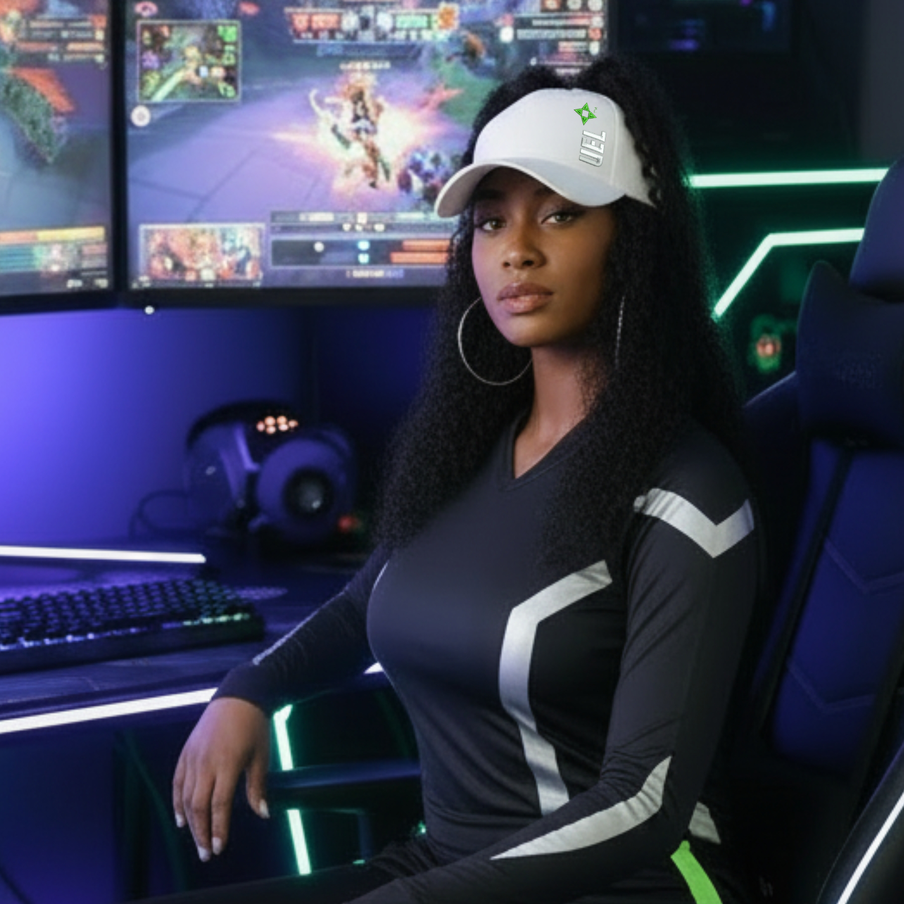Lifestyle photo of a model wearing a white Rosebloom UEL LAZ hat with natural hair pulled through the crown opening in a neon gaming setup.