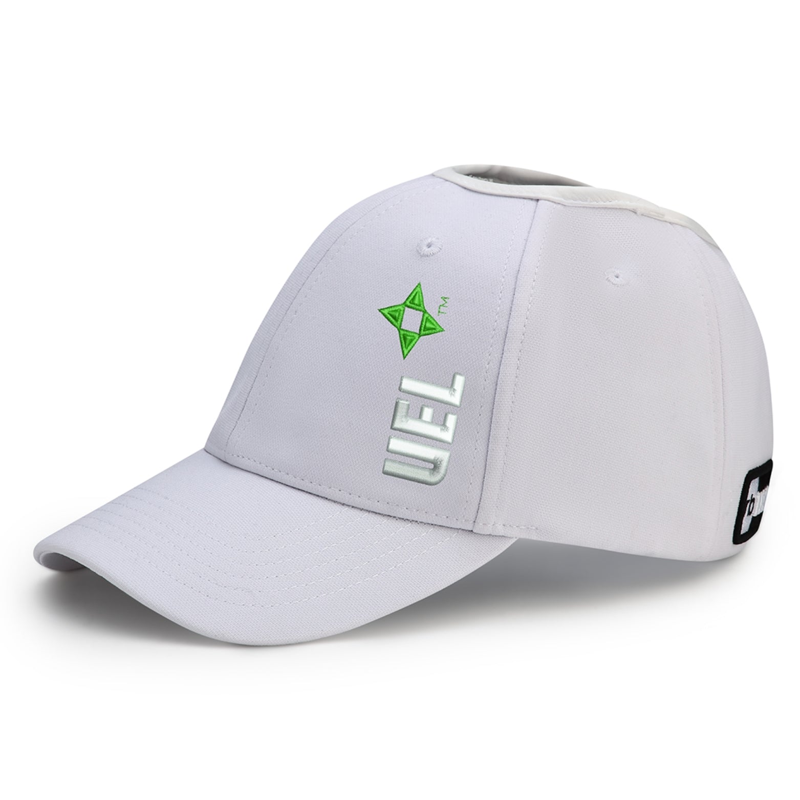Side product photo of a white Rosebloom UEL LAZ hat designed for textured hair and natural hair volume, showing the crown opening and UEL logo detail.