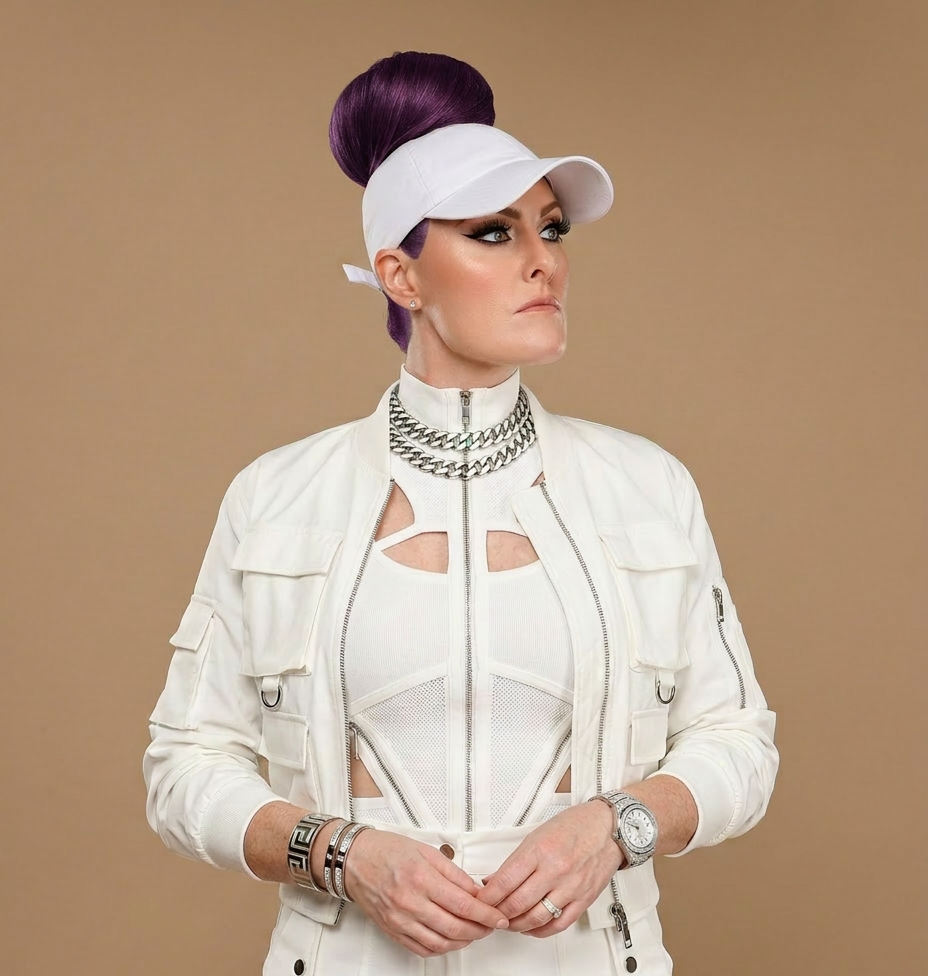 Editorial portrait of a model wearing a white Rosebloom PNT high ponytail hat with a sleek purple ponytail pulled through the crown opening, styled in an all-white fashion look.
