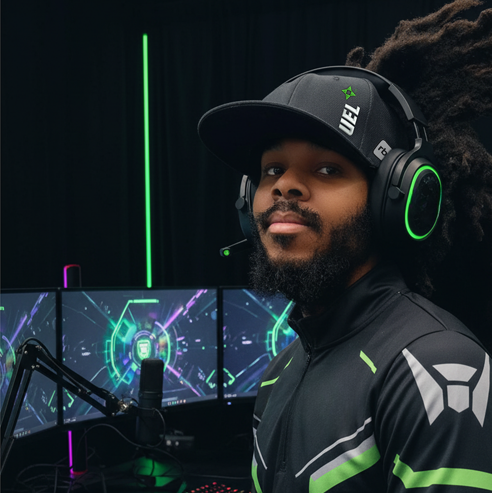 Man with long locs wearing the black UEL GZO STRETCH hat and a gaming headset at a computer setup.
