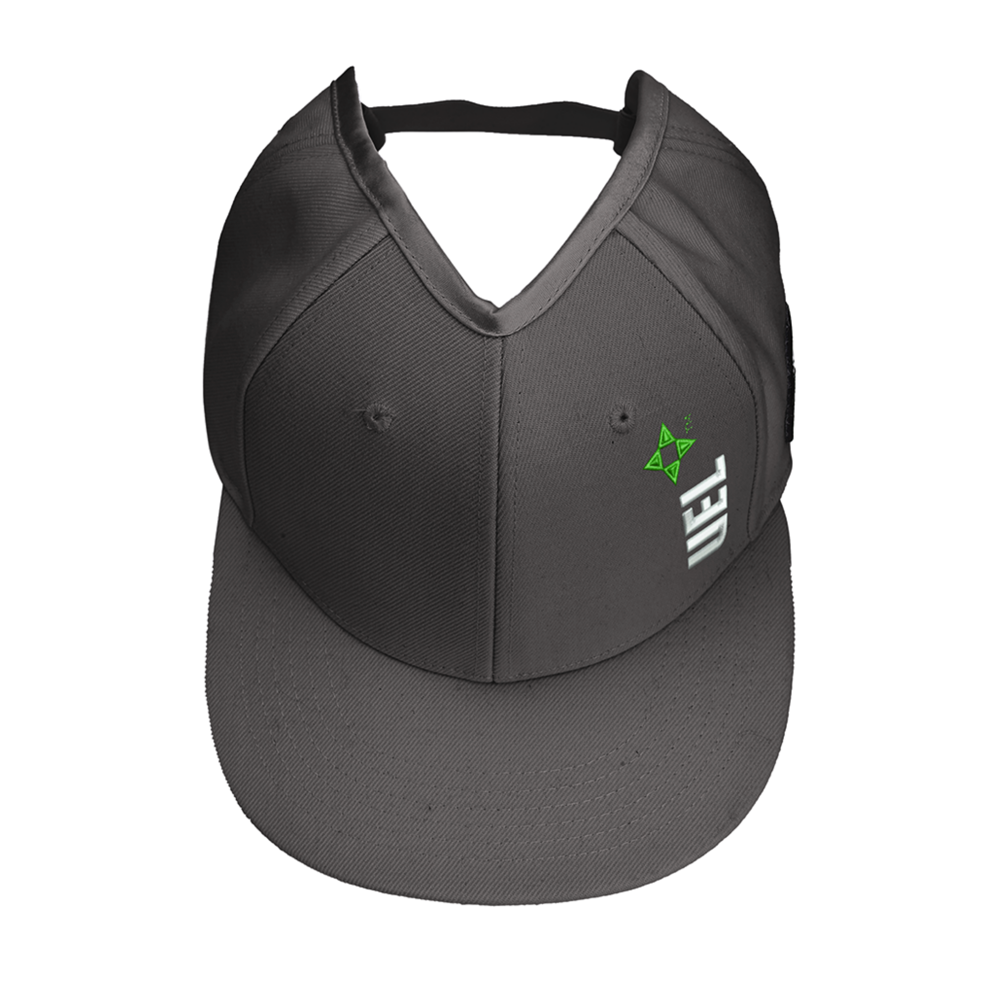 Gray UEL GZO STRETCH viewed from the front, showing the flat bill, UEL logo, and PISTIL crown opening.