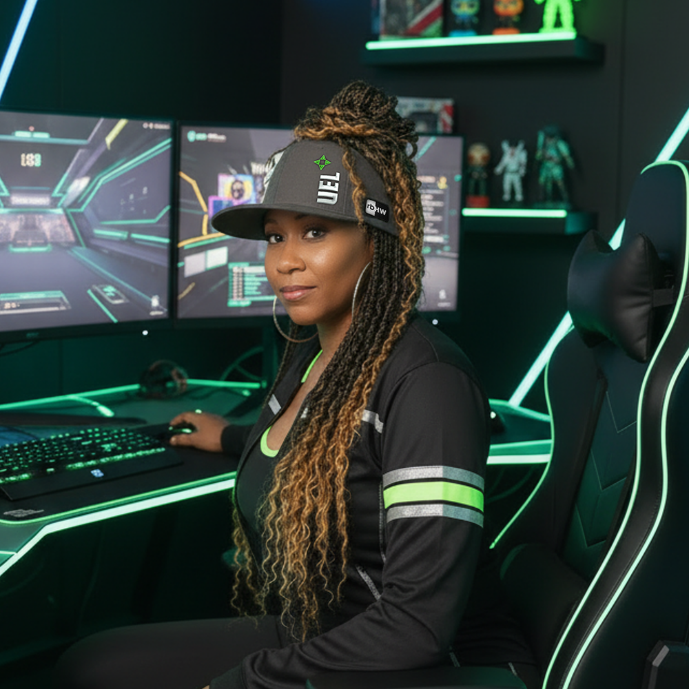 Woman with long locs wearing the gray UEL GZO STRETCH hat at a gaming computer setup.