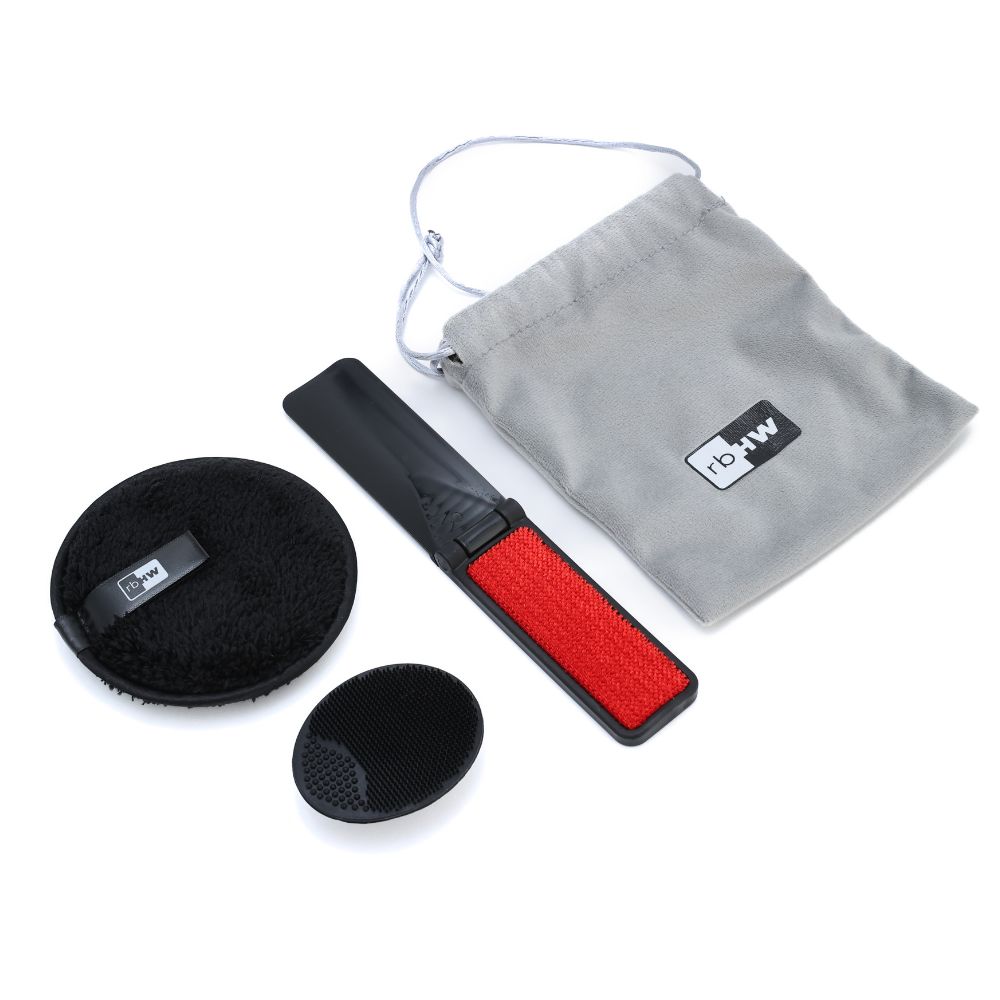 Hat care implements and a drawstring bag, all with the Rosebloom Headwear logo.
