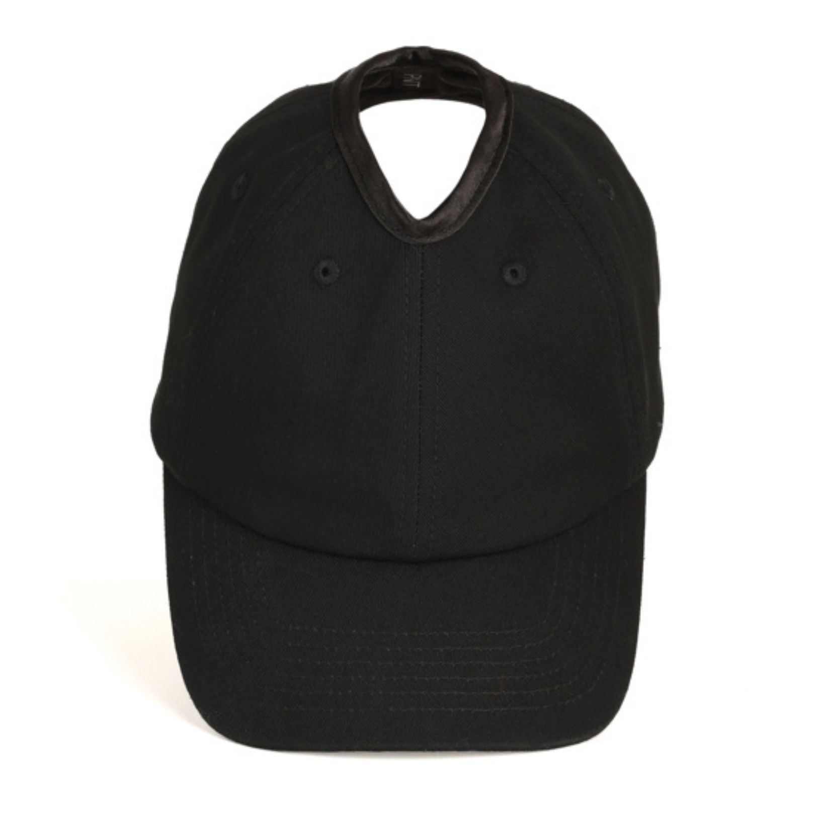 PNT BLACK satin lined ponytail hat for women (1) rosebloom headwear satin lined ponytail hat for women with crown height hair opening shown from the direct front