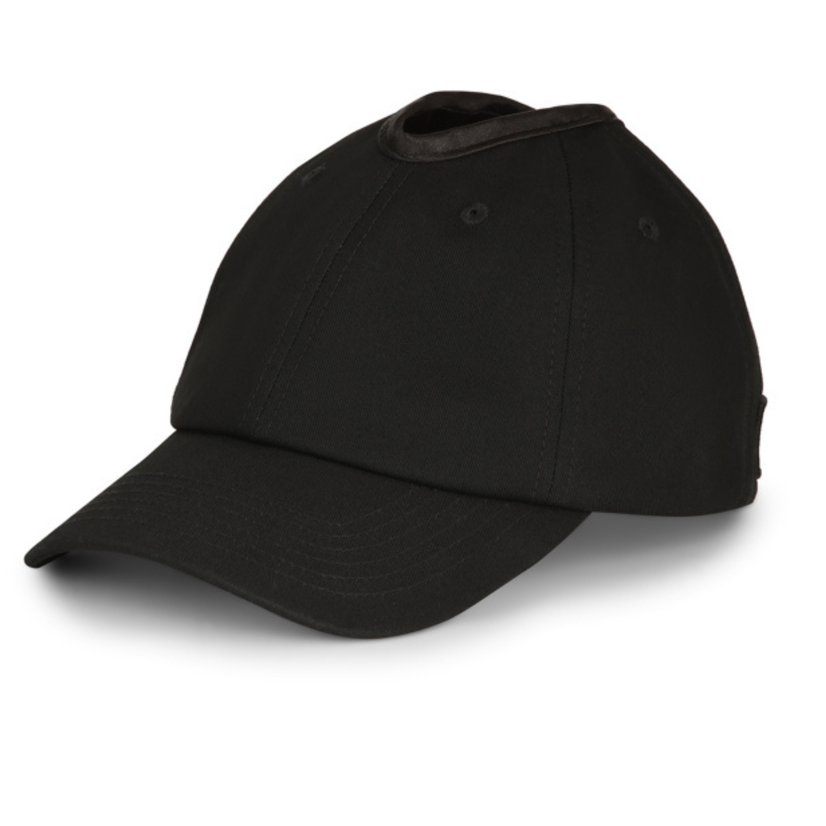 PNT BLACK satin lined ponytail hat for women (3) rosebloom headwear satin lined ponytail hat for women with crown height hair opening shown on the front angle