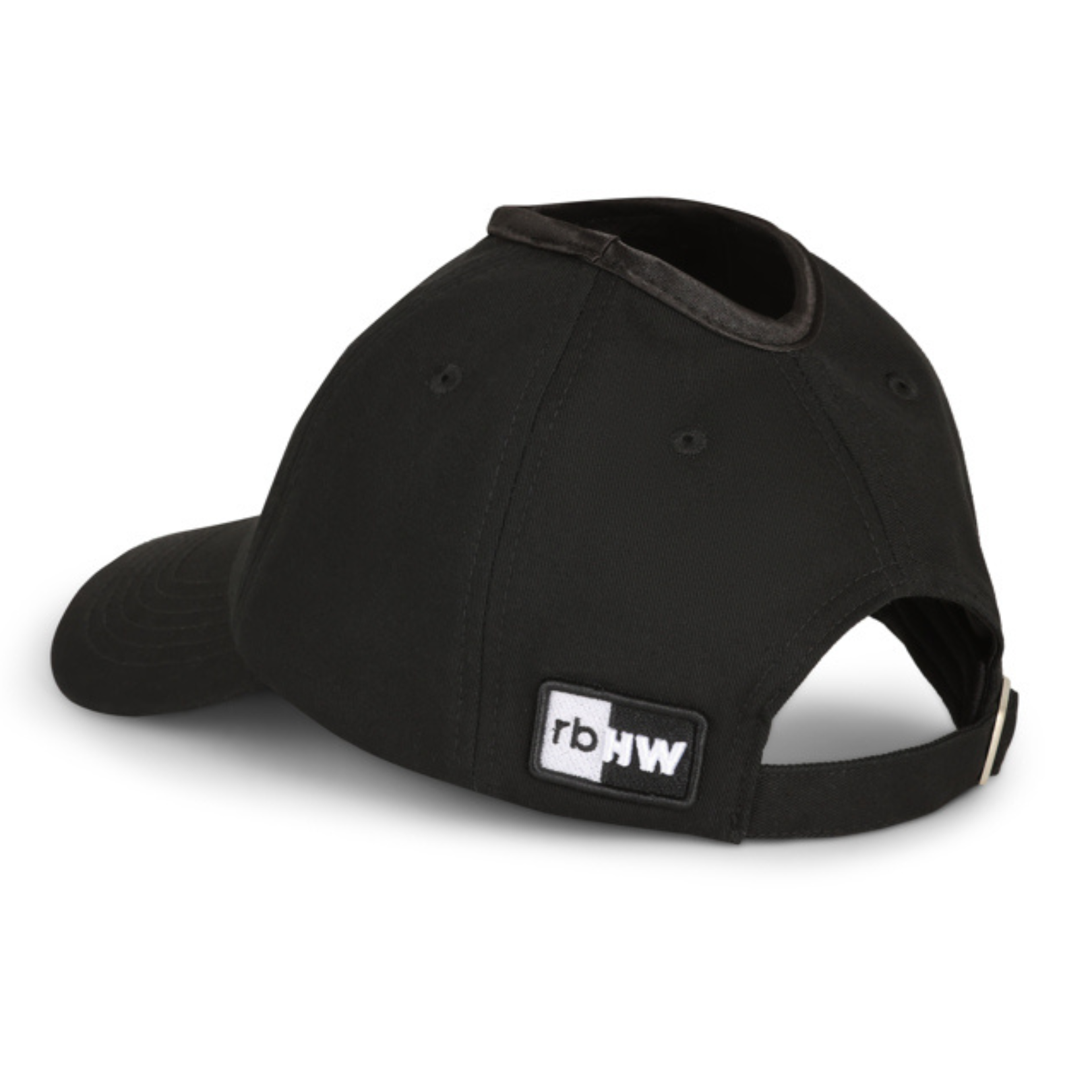 PNT BLACK satin lined ponytail hat for women (4) rosebloom headwear satin lined ponytail hat for women with crown height hair opening shown from the back left, featuring icon logo
