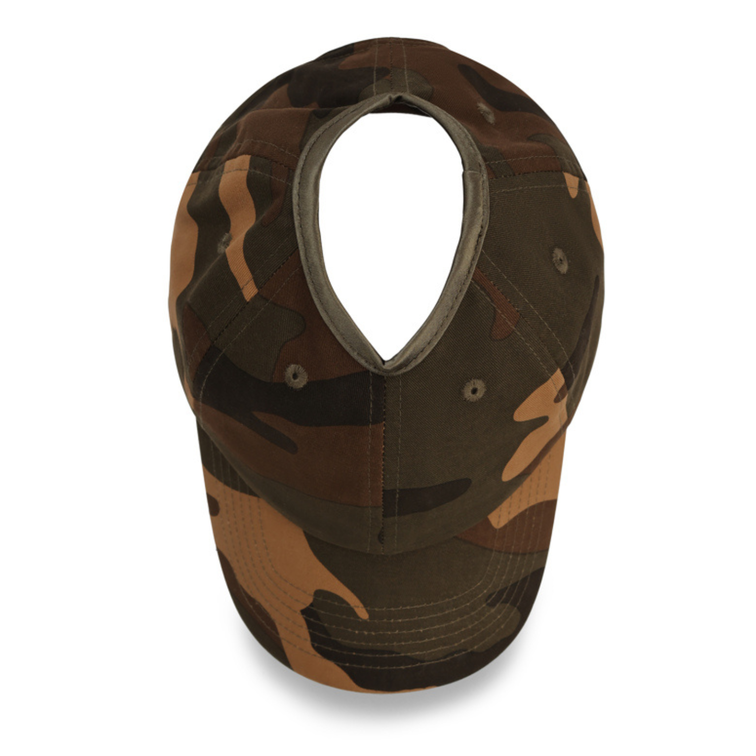 PNT CAMO satin lined ponytail hat for women (1) rosebloom headwear satin lined ponytail hat for women with crown height hair opening shown from the top angle