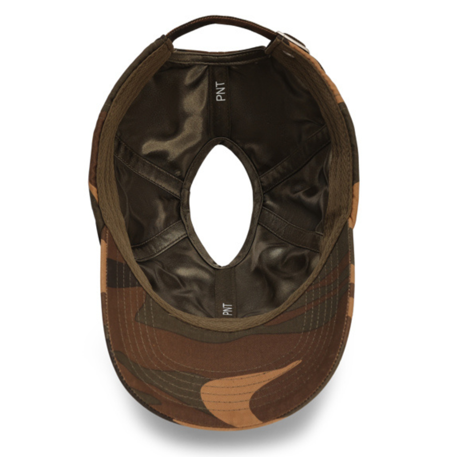 PNT CAMO satin lined ponytail hat for women (2) rosebloom headwear satin lined ponytail hat for women with crown height hair opening shown from an angle