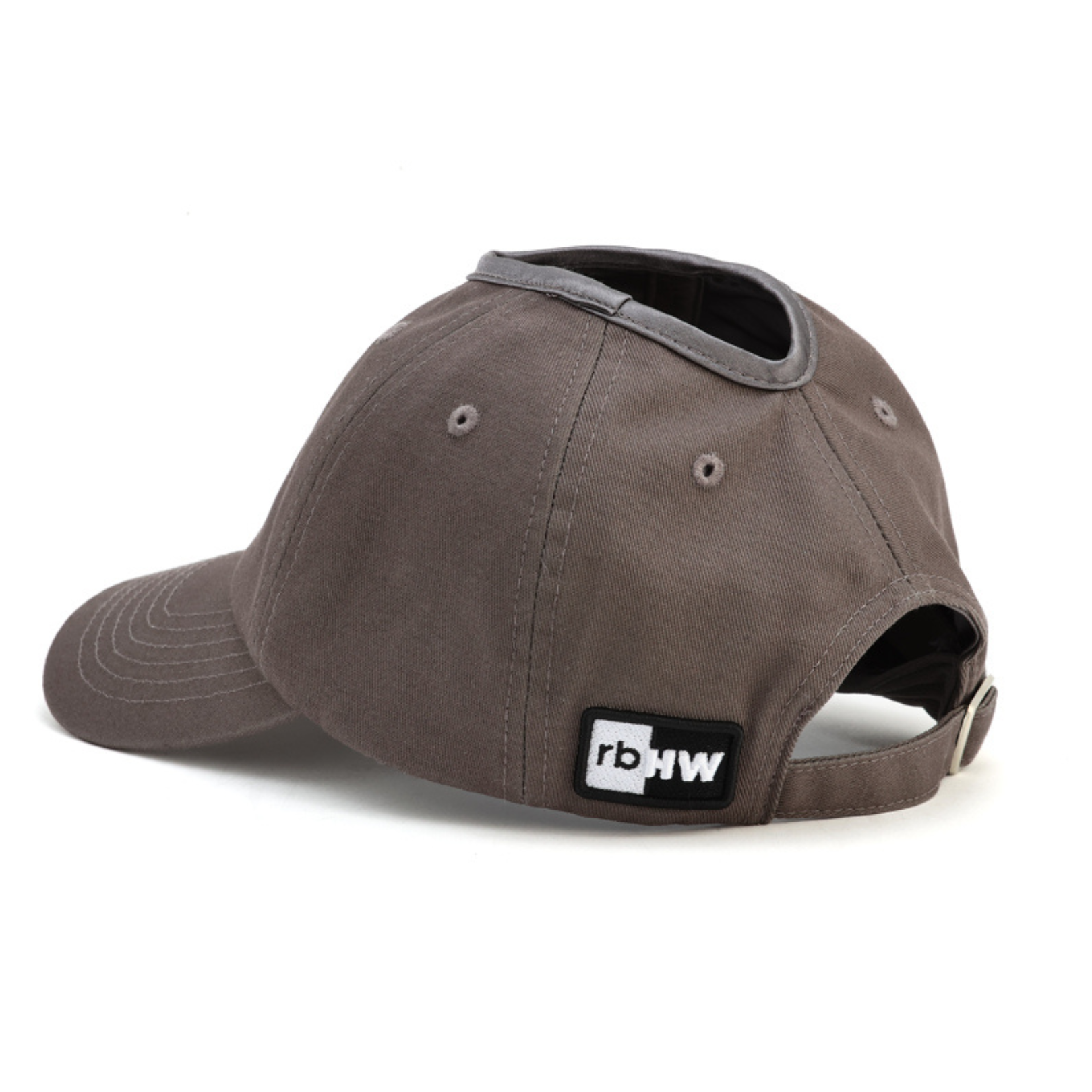 PNT GRAY satin lined ponytail hat for women (2) rosebloom headwear satin lined ponytail hat for women with crown height hair opening shown at back left, featuring icon logo