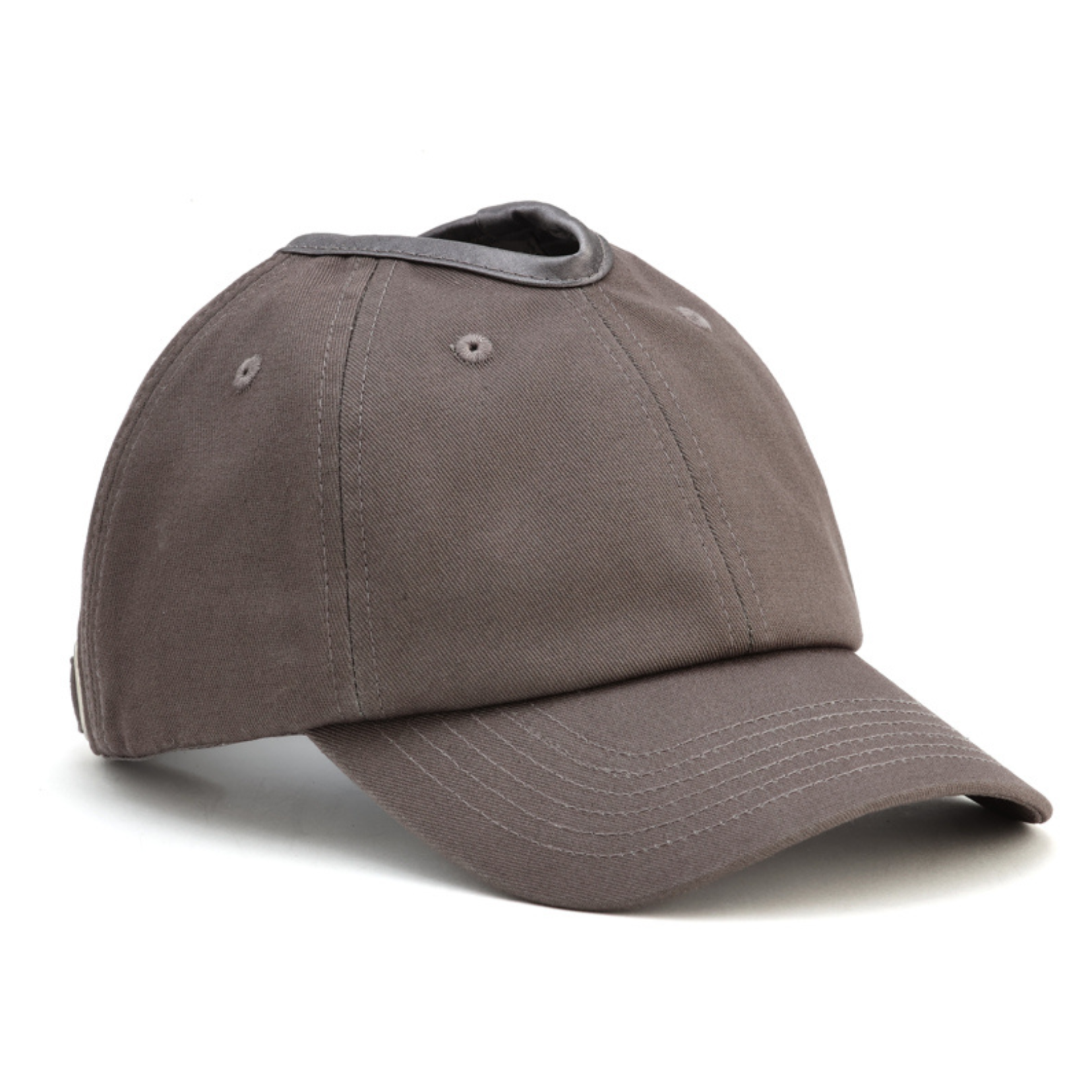PNT GRAY satin lined ponytail hat for women (3) rosebloom headwear satin lined ponytail hat for women with crown height hair opening shown from the left