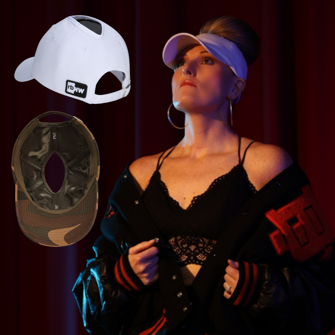 a woman is wearing a hat with a high ponytail. the ponytail is at the top of her head. it is a high ponytail, at the crown of her head. the hat is fit for a woman. there are additional pictures of the hat showing the hair opening at the top of the hat.