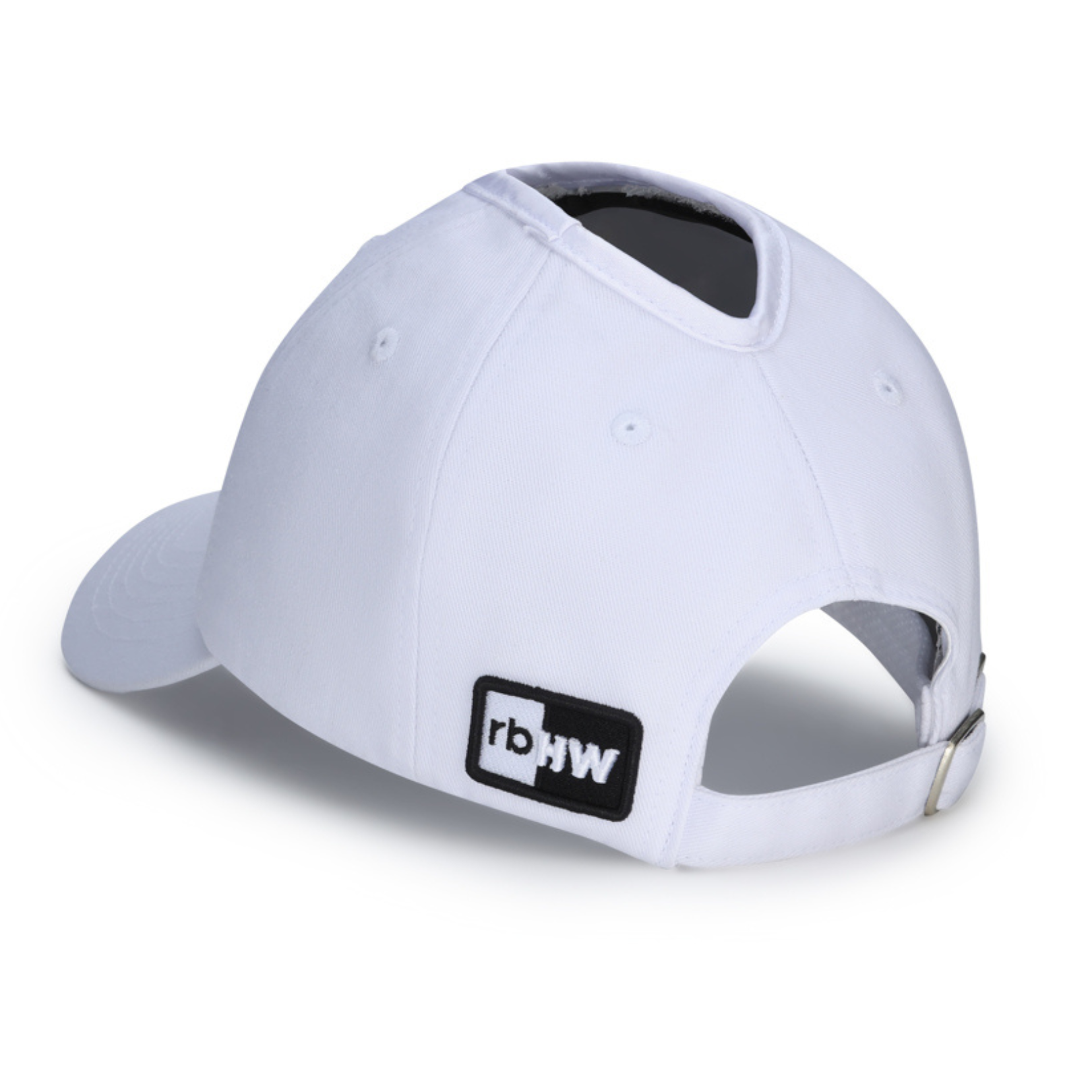PNT WHITE satin lined ponytail hat for women (4) rosebloom headwear satin lined ponytail hat for women with crown height hair opening shown from an angle, featuring the icon logo