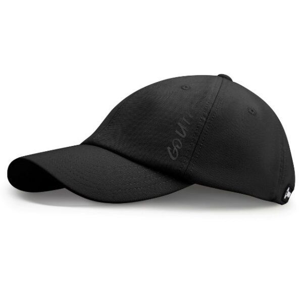 A black hat is on the angle, showing an embroidered logo on vertical, also in black that says GO UTES