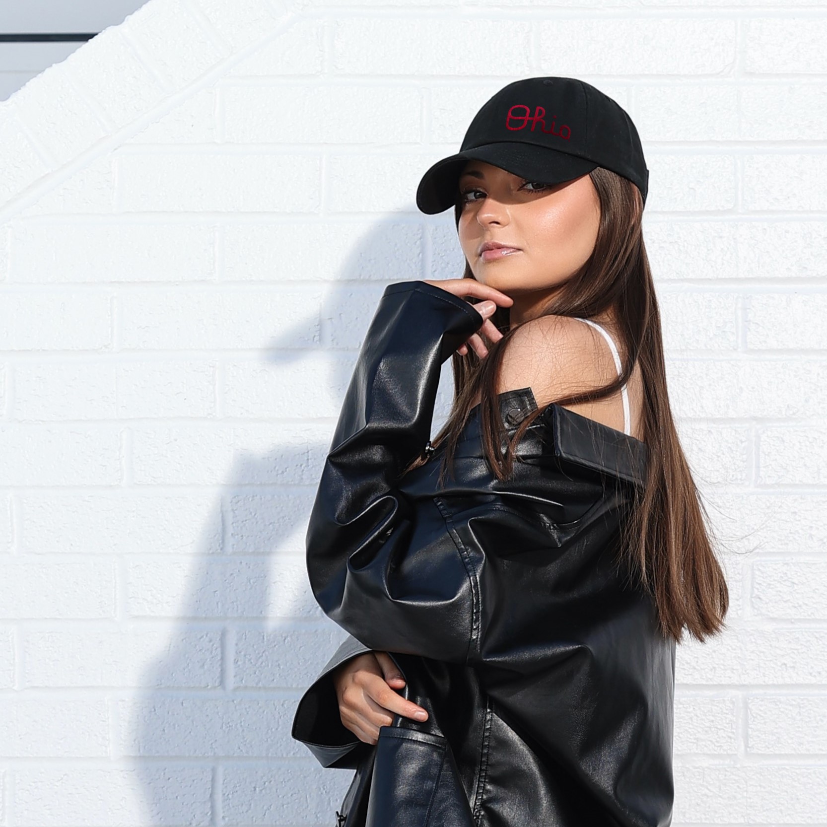 OSU Script Ohio satin lined hat for women woman wearing satin lined script ohio OSU hat