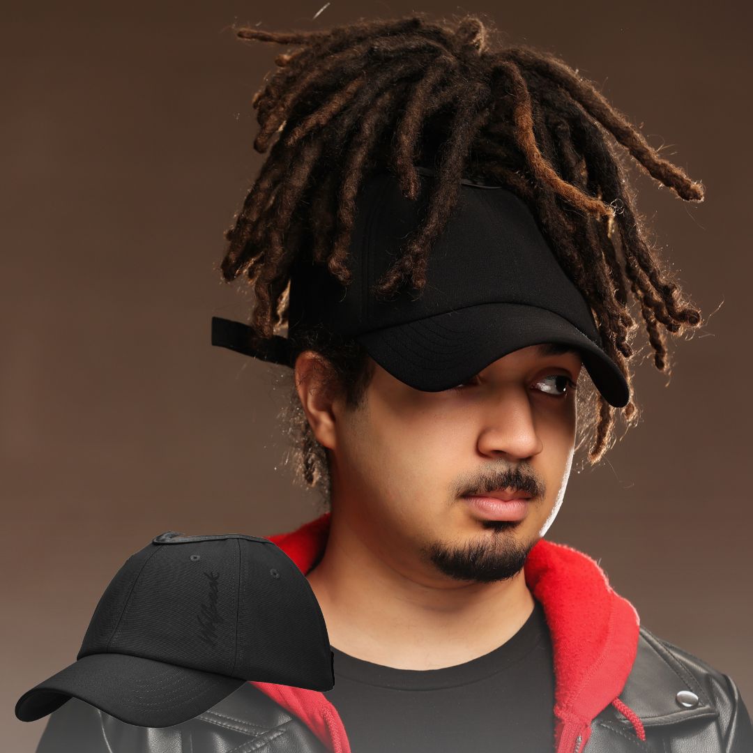 NC State Wolfpack satin lined high ponytail baseball hat for locs and textured hair Black man wears an NC State Wolfpack satin lined high ponytail baseball hat for locs and textured hair