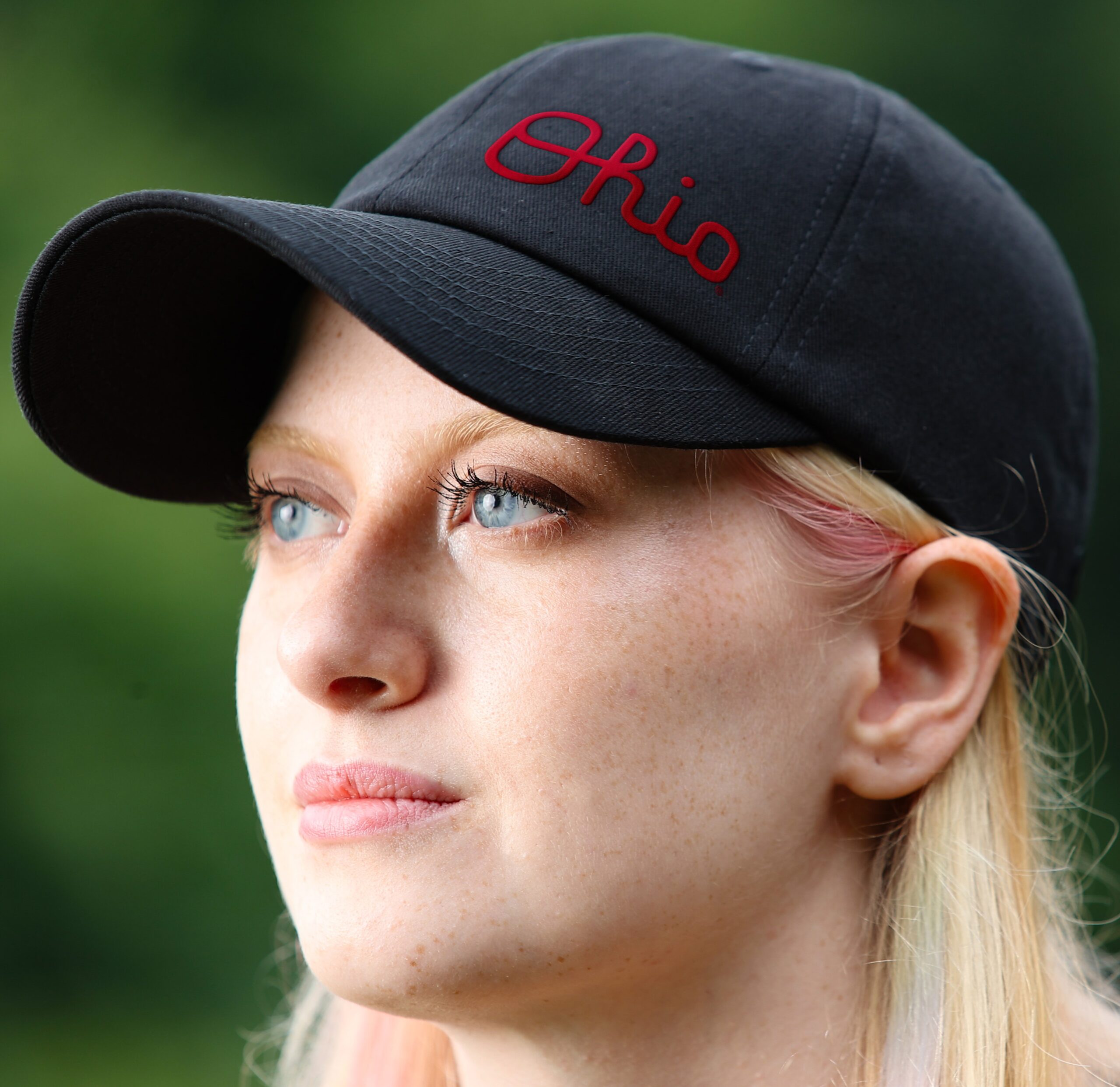 OSU Script Ohio satin lined hat for women woman wearing satin lined script ohio OSU hat