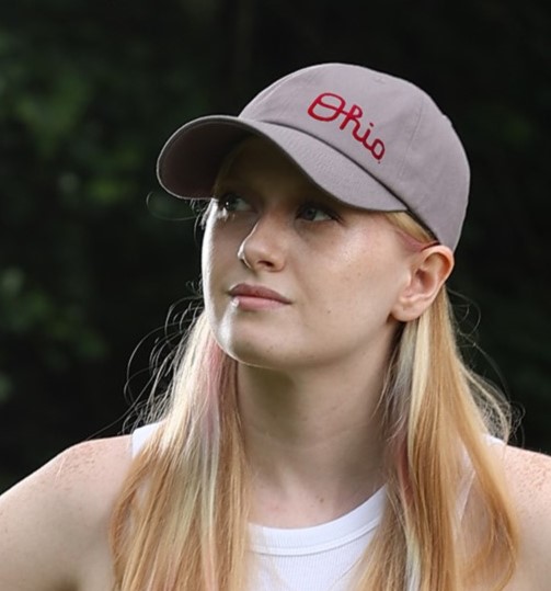 OSU Script Ohio satin lined hat for women woman wearing satin lined script ohio OSU hat