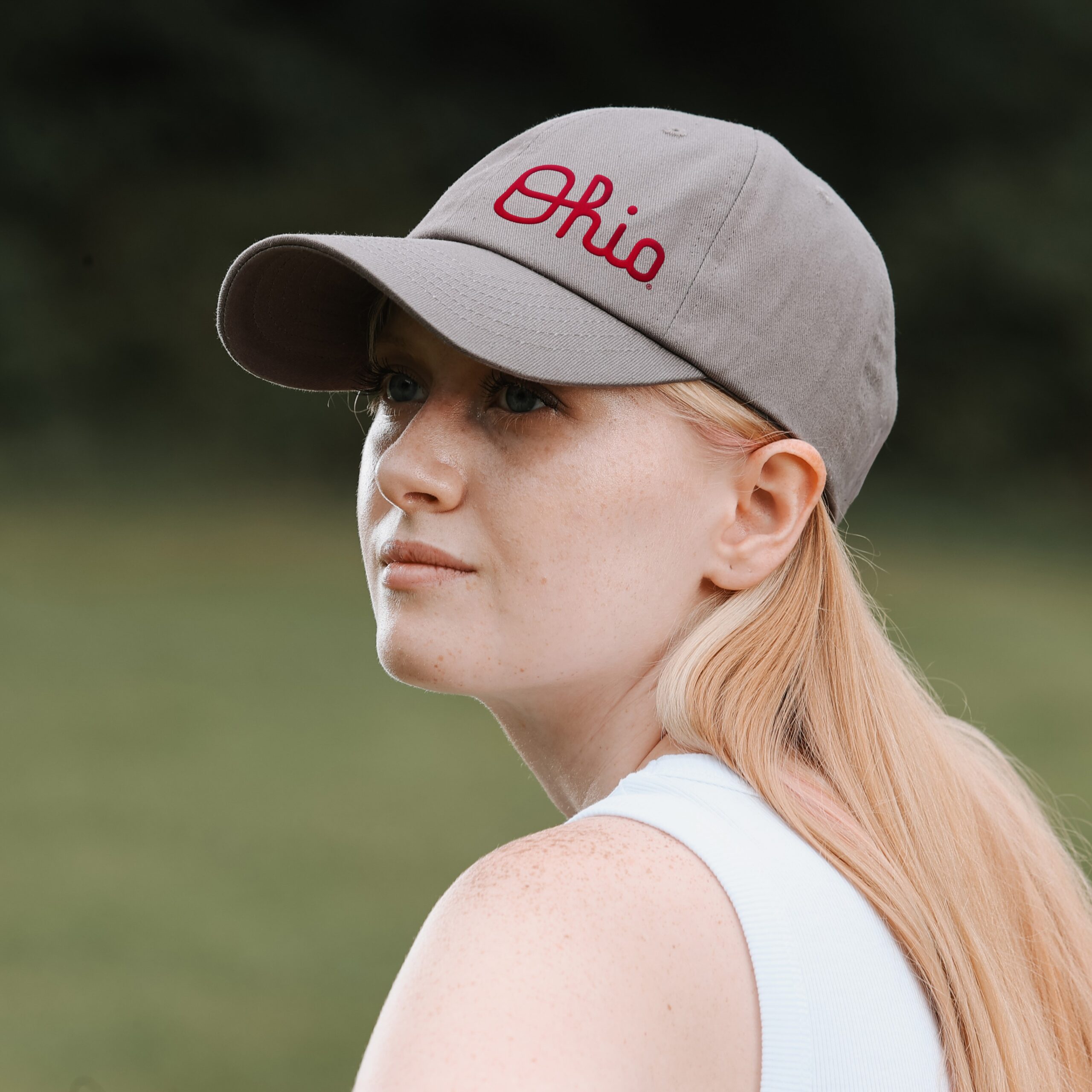 OSU Script Ohio satin lined hat for women woman wearing satin lined script ohio OSU hat