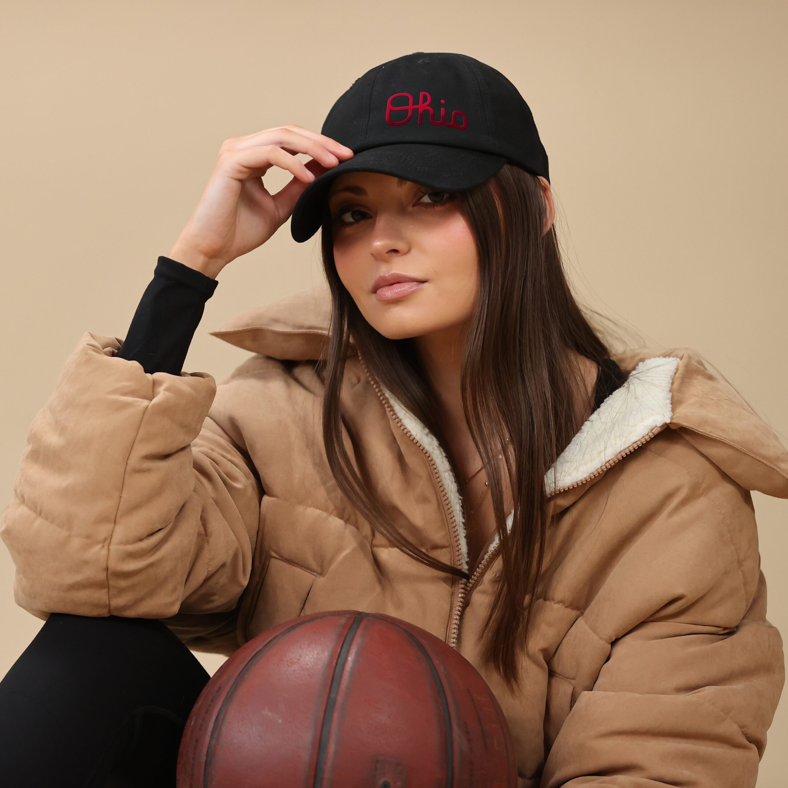 OSU Script Ohio satin lined hat for women woman wearing satin lined script ohio OSU hat