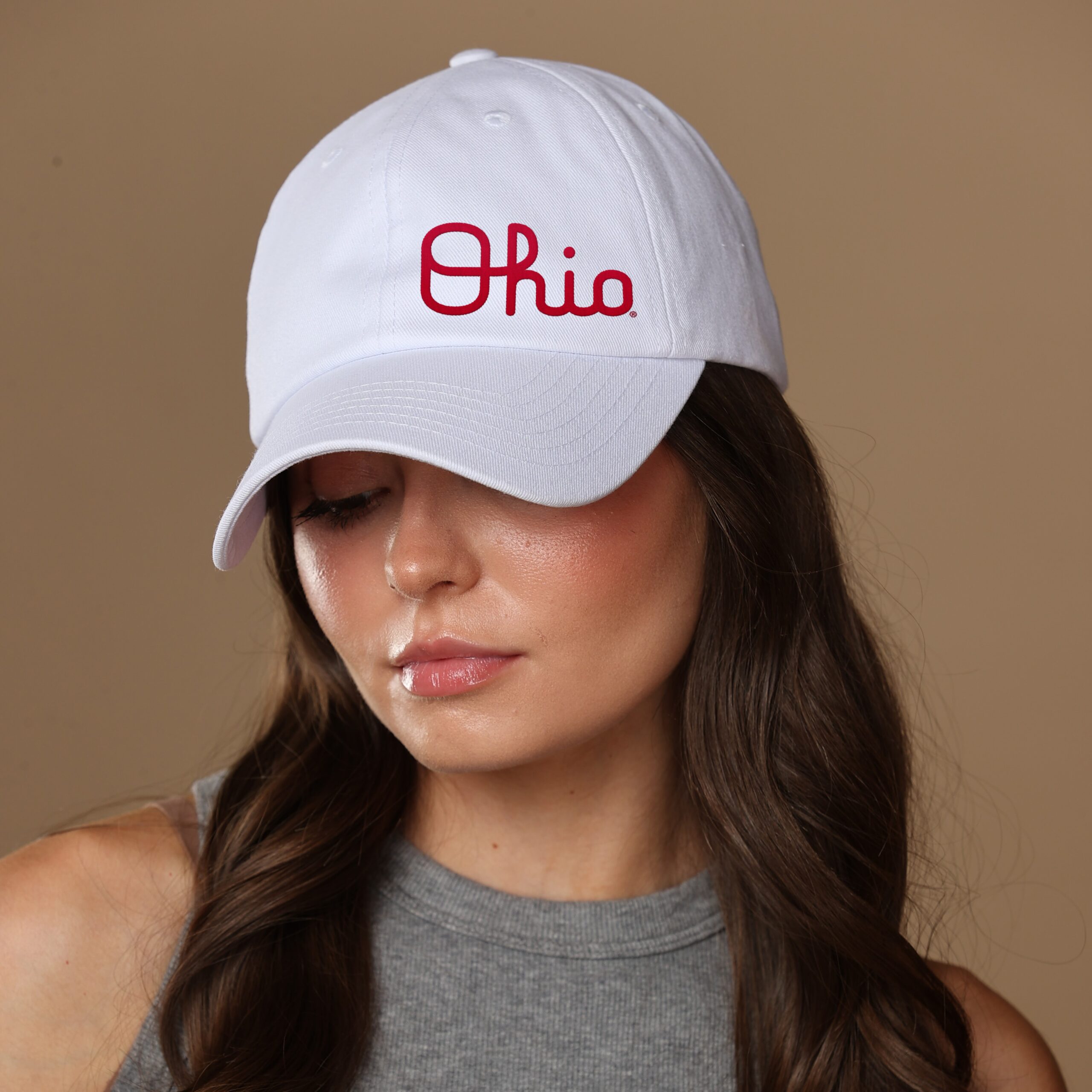 Ohio State OSU NZR woman wearing satin lined script ohio OSU hat