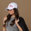 OSU Script Ohio satin lined hat for women woman wearing satin lined script ohio OSU hat