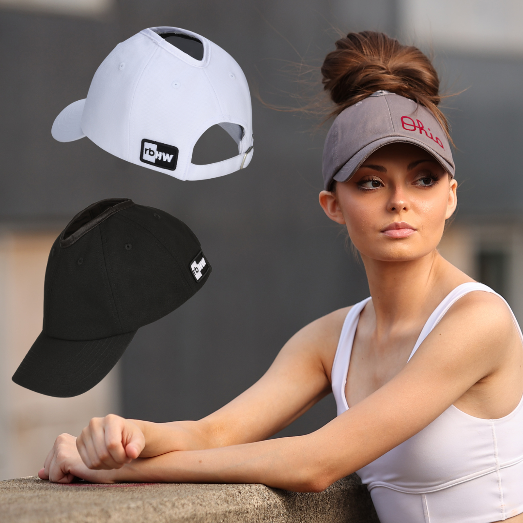 OSU crown-height ponytail hat with satin lining roesbloom headwear PNT woman with messy ponytail wears Ohio State script Ohio crown-height ponytail hat with satin lining